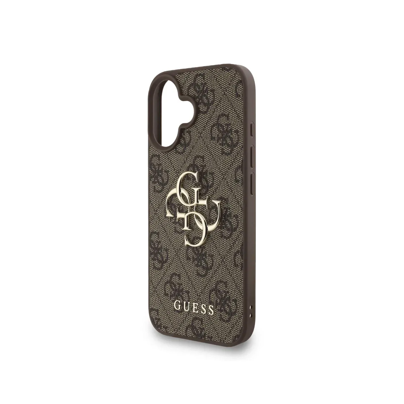 Funda de teléfono marrón con logo GUESS y estampado monograma.