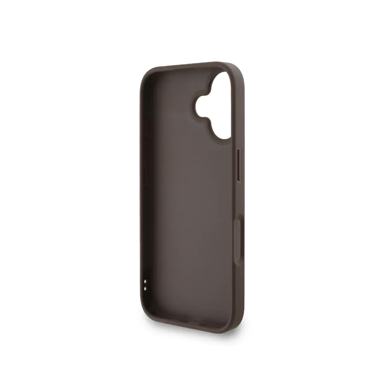 Funda de teléfono de silicona marrón oscuro, vista lateral.