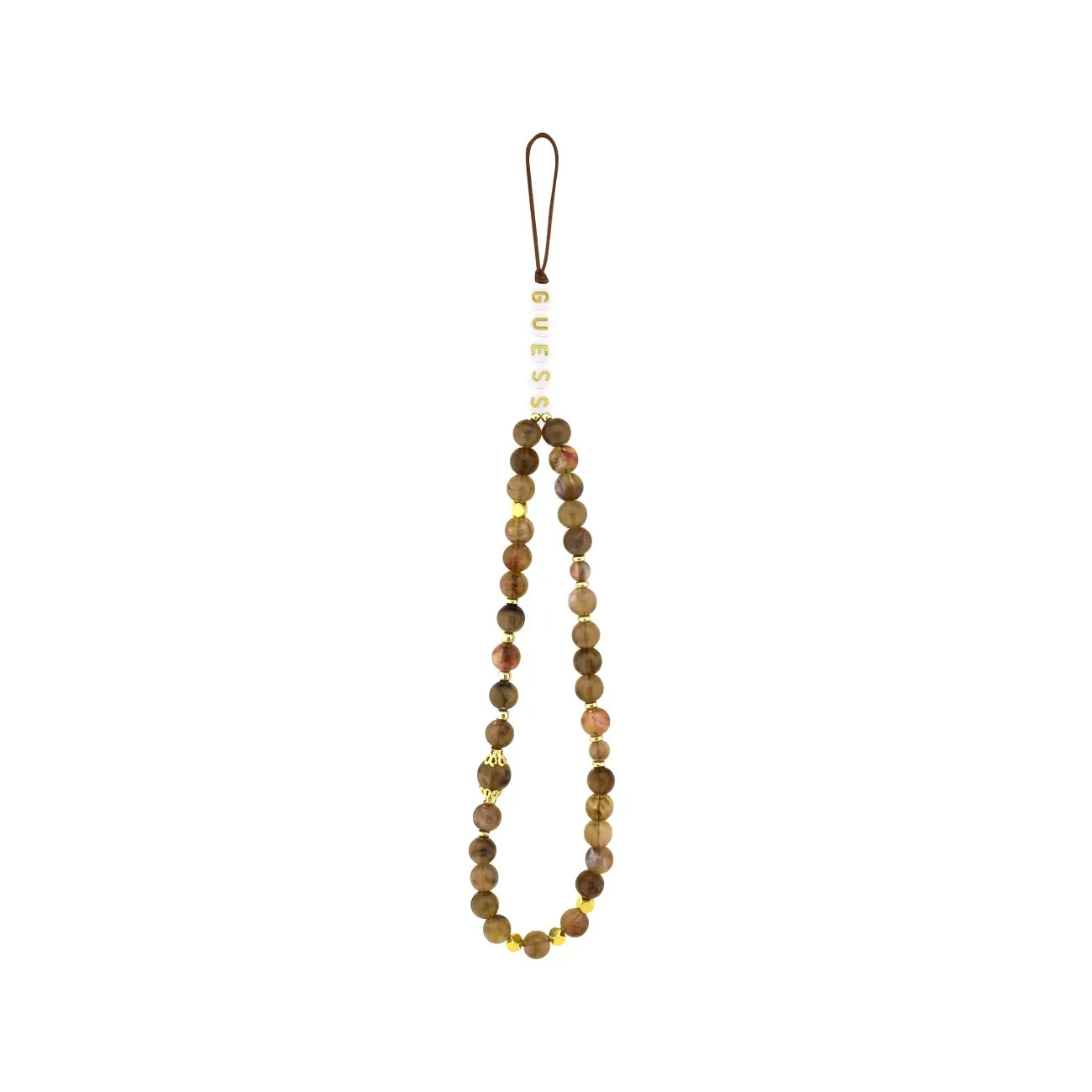 Pulsera de cuentas marrones con letras doradas que dicen GUESS.