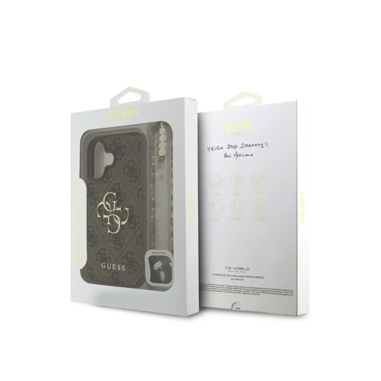 Funda Guess con patrón "G" y correa de muñeca de perlas en embalaje blanco.