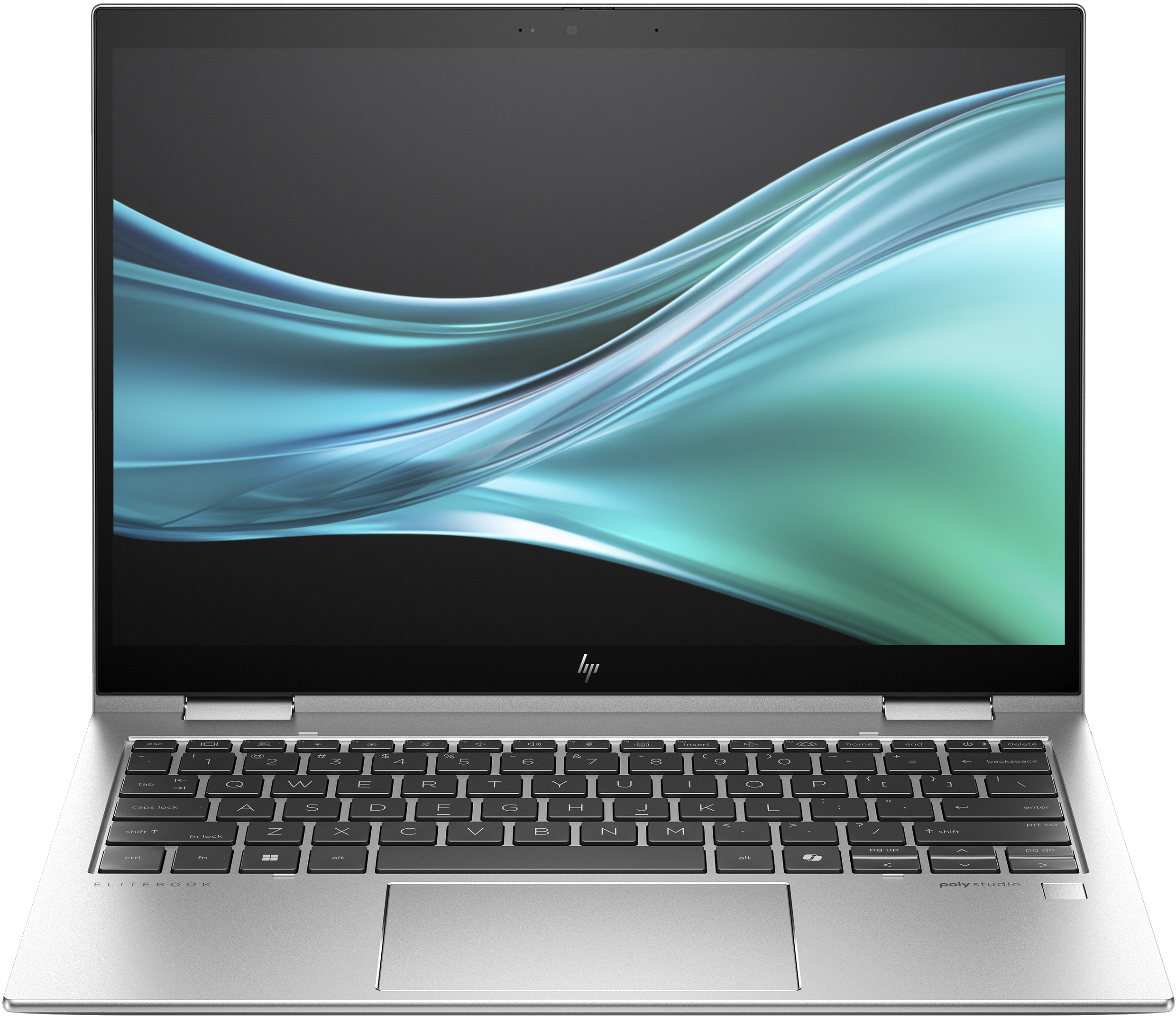 Een zilveren laptop met open scherm, met een abstract blauwgroen patroon.
