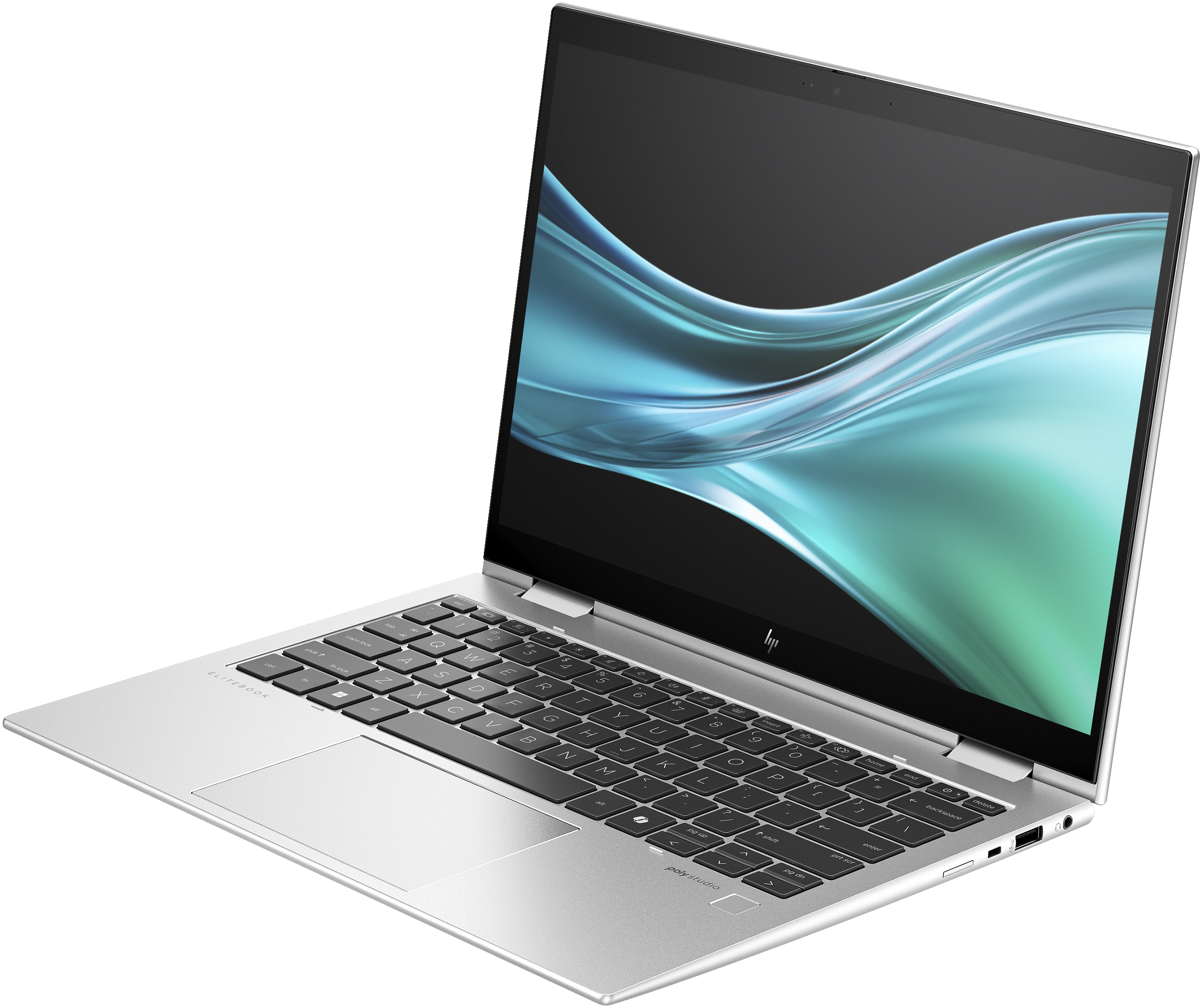 Een zilveren laptop met een verlicht toetsenbord en een blauwgrode abstracte achtergrond.