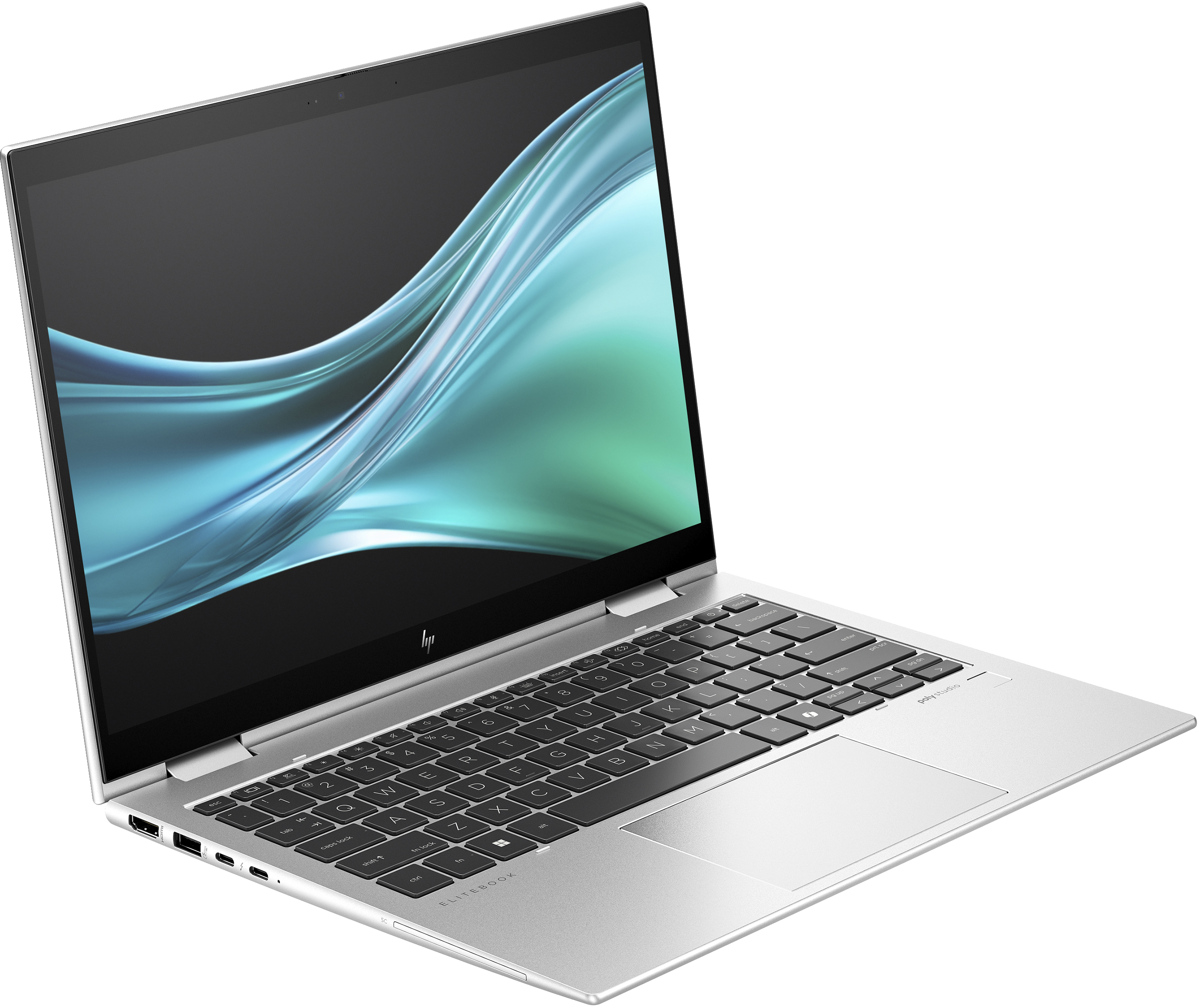 Een zilveren laptop met het scherm open, waarop een abstracte blauwe en groene golvende achtergrond wordt weergegeven.