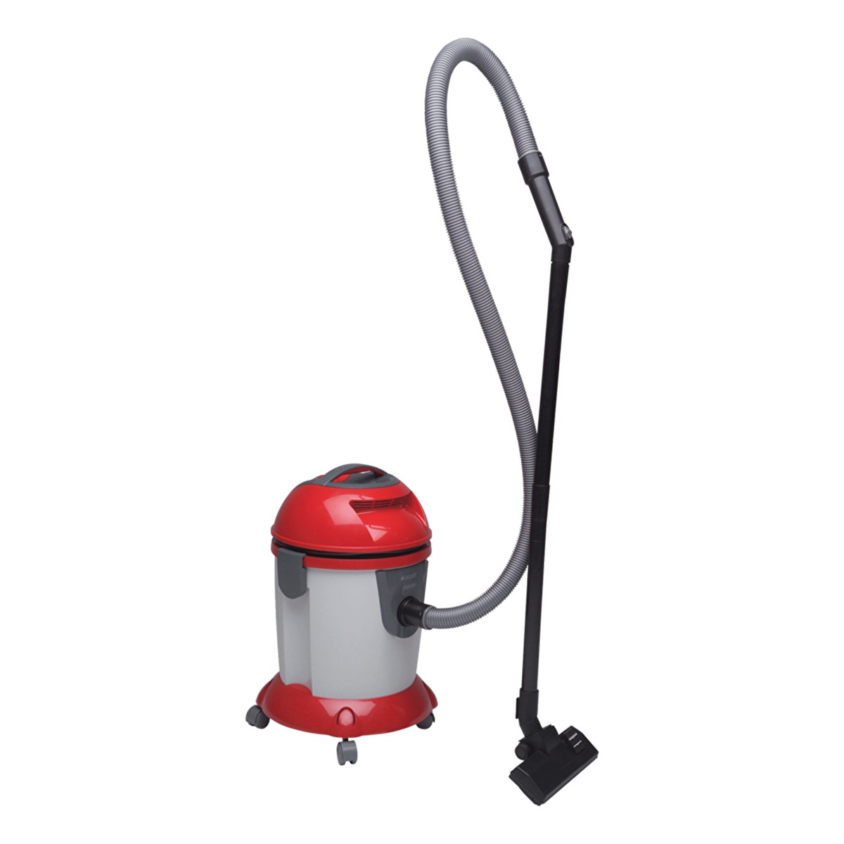 Hortumlu ve fırçalı kırmızı ve gri ıslak/kuru elektrikli süpürge beyaz arka planda.