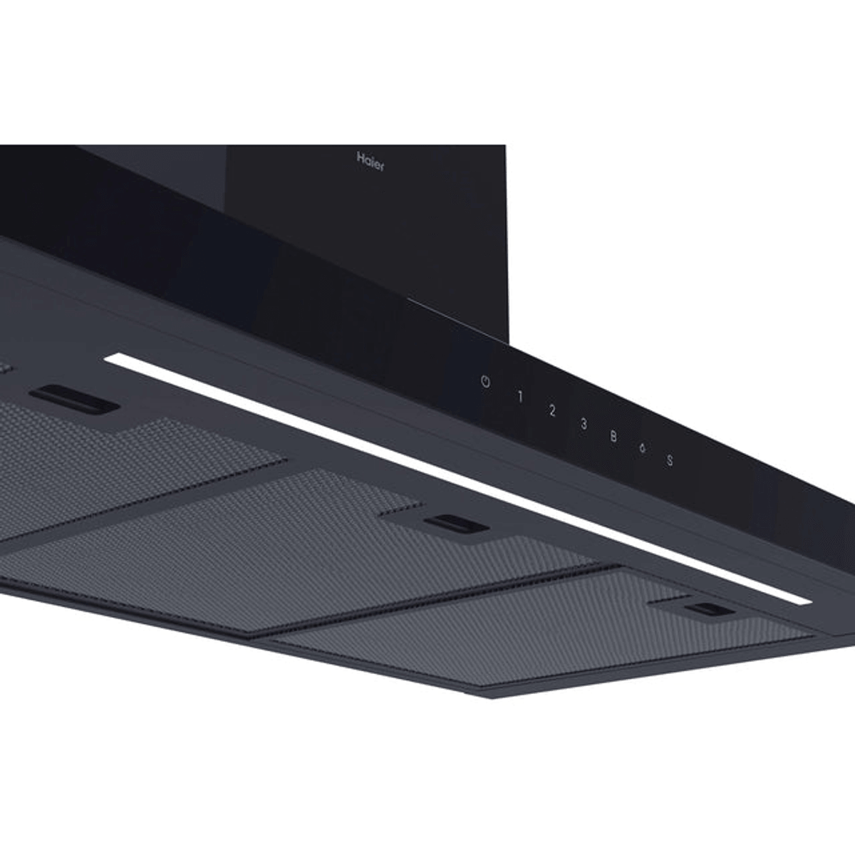 Campana extractora negra con luces y botones de control.