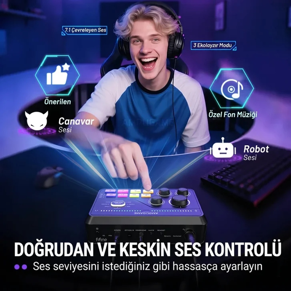 Kulaklıklı genç adam çeşitli ses efektli ses mikseri kullanıyor.