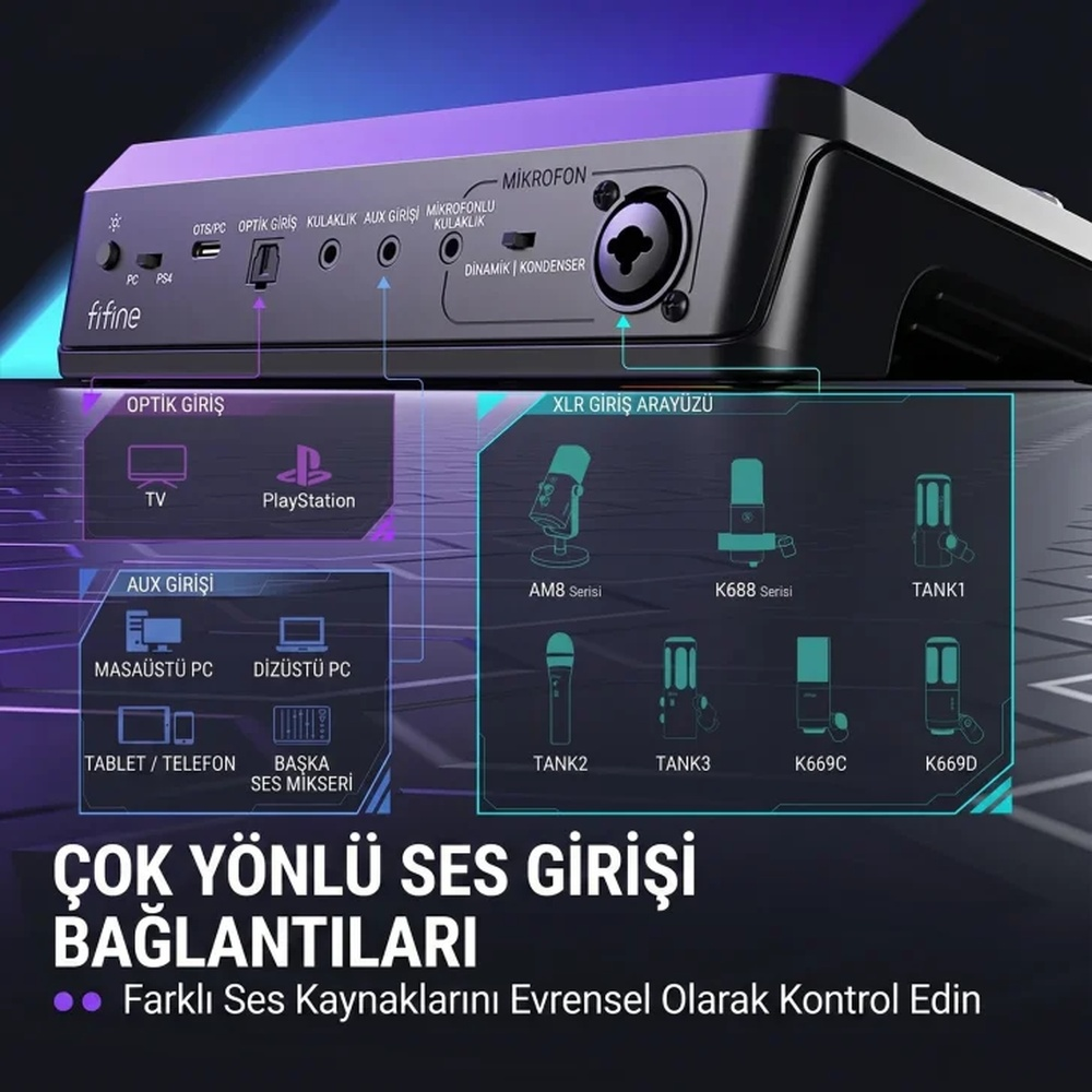Resim, bağlantılara ve çeşitli mikrofonlara sahip bir ses arabirimi gösteriyor.