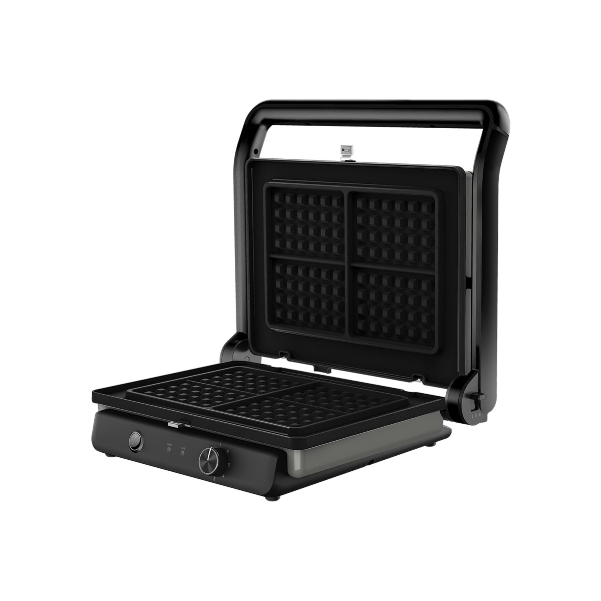 Açık kapaklı siyah waffle makinesi, dört waffle ızgarası gösteriyor.