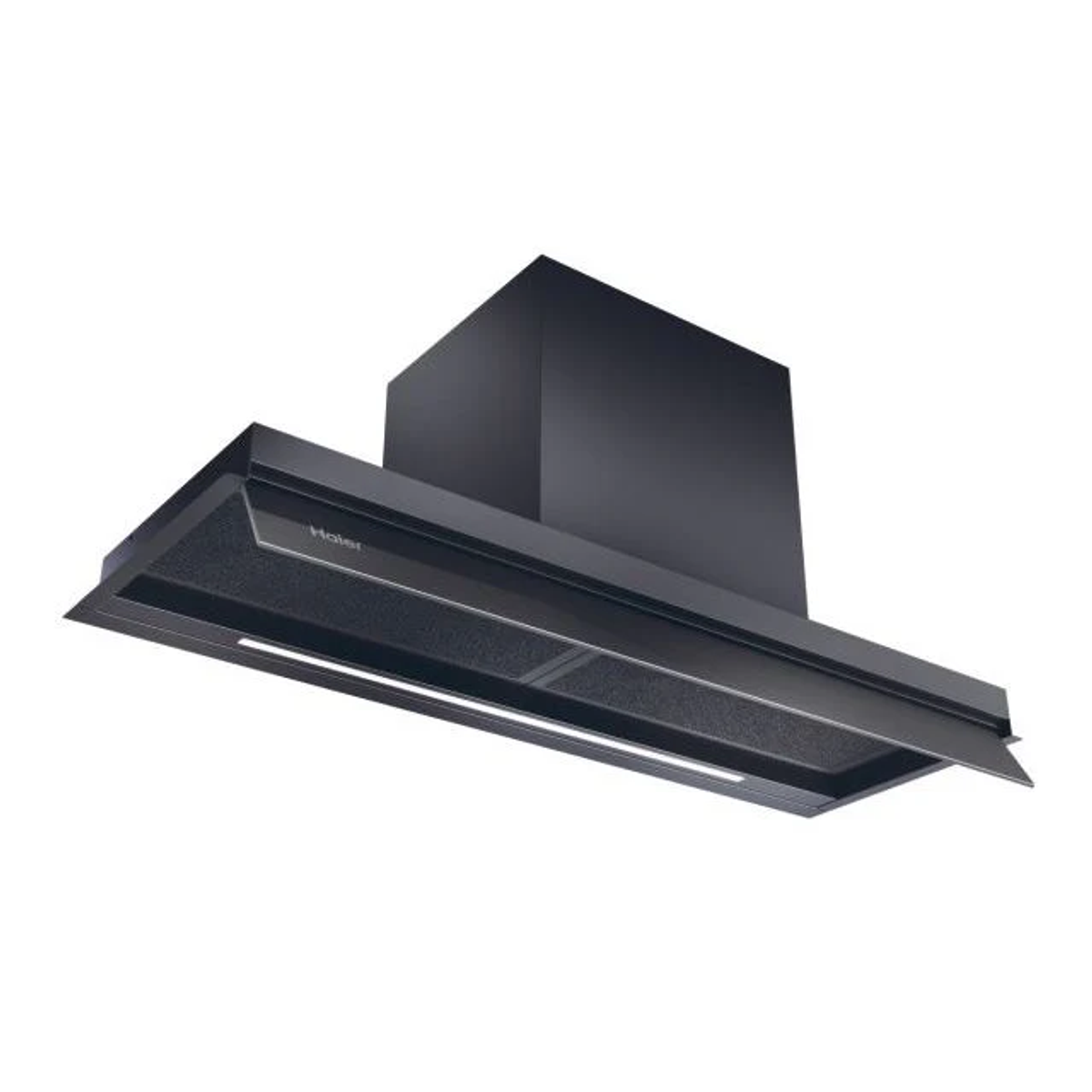 Campana extractora negra con luz integrada y conducto de ventilación.