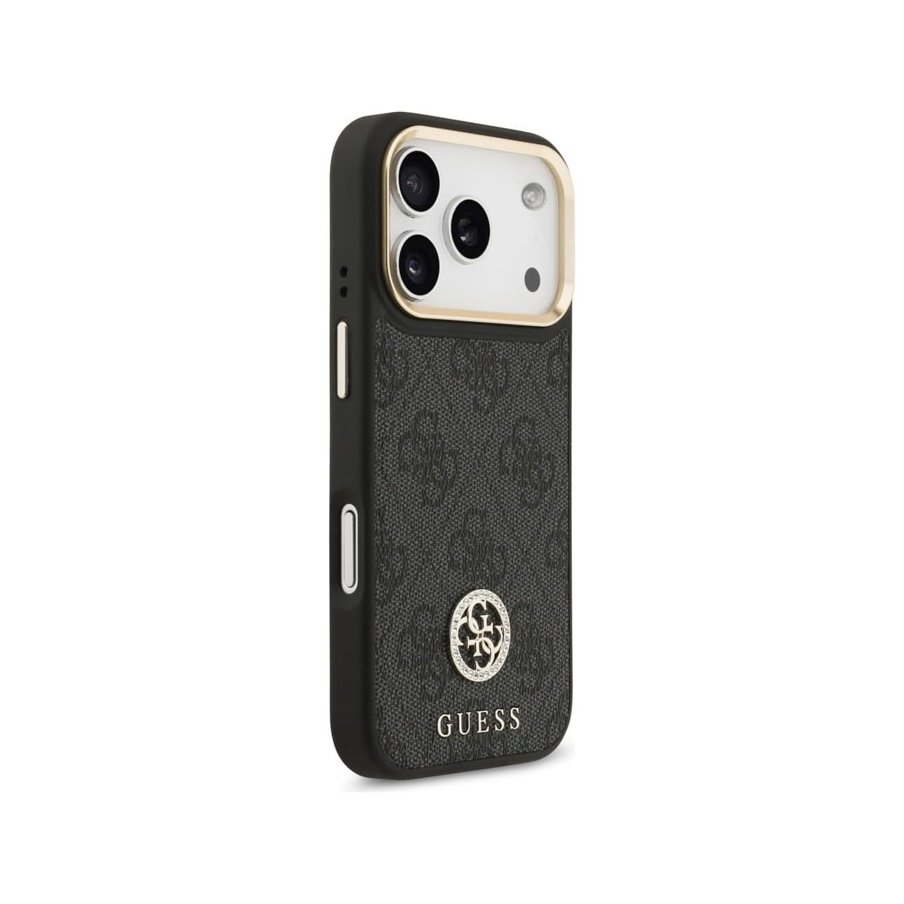 Funda negra para teléfono con logo GUESS y recorte de cámara.