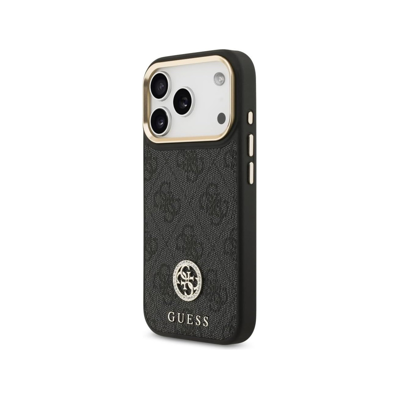 Funda de teléfono negra con logo GUESS, recorte de cámara y patrón.