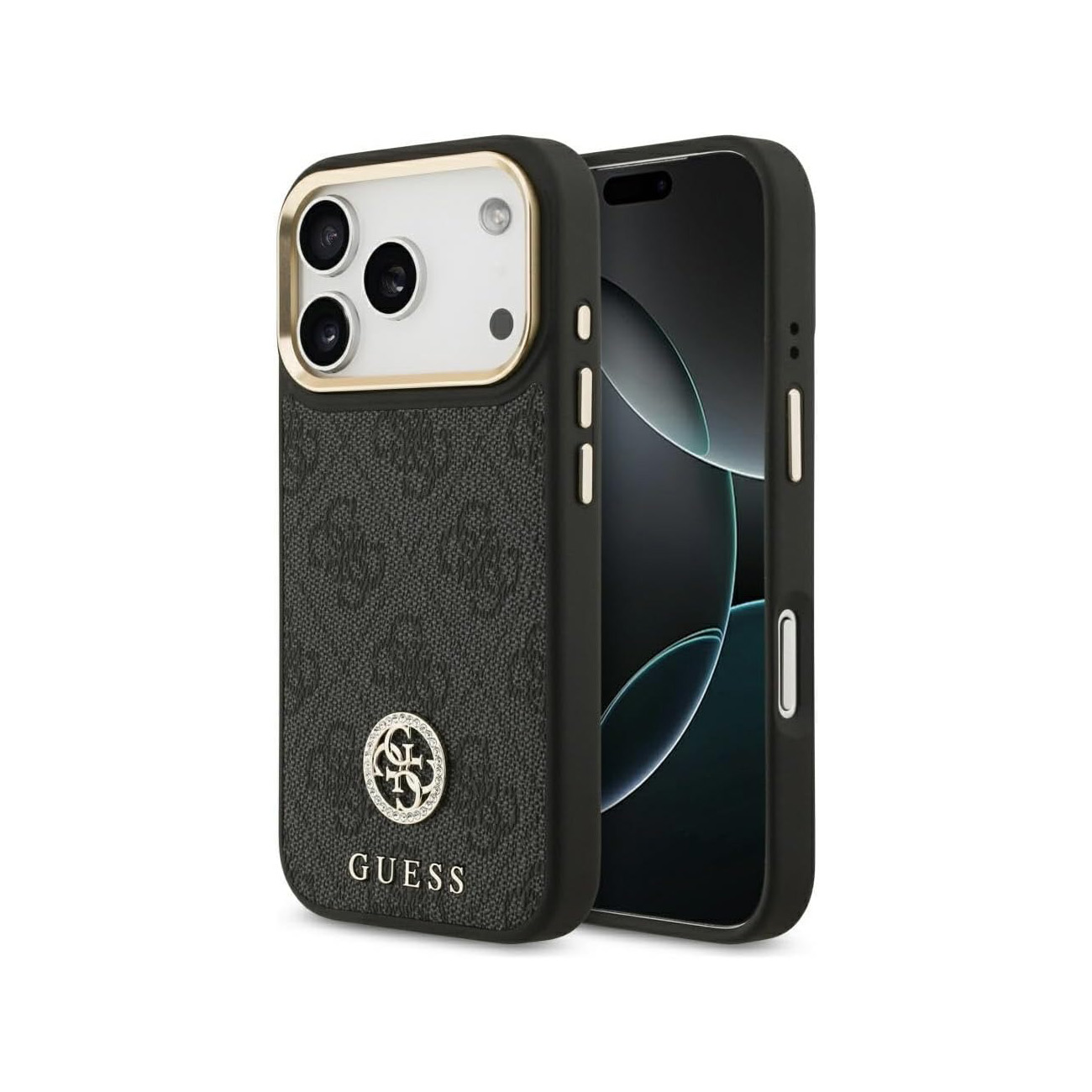 Funda de teléfono negra con logo GUESS y recorte de cámara.