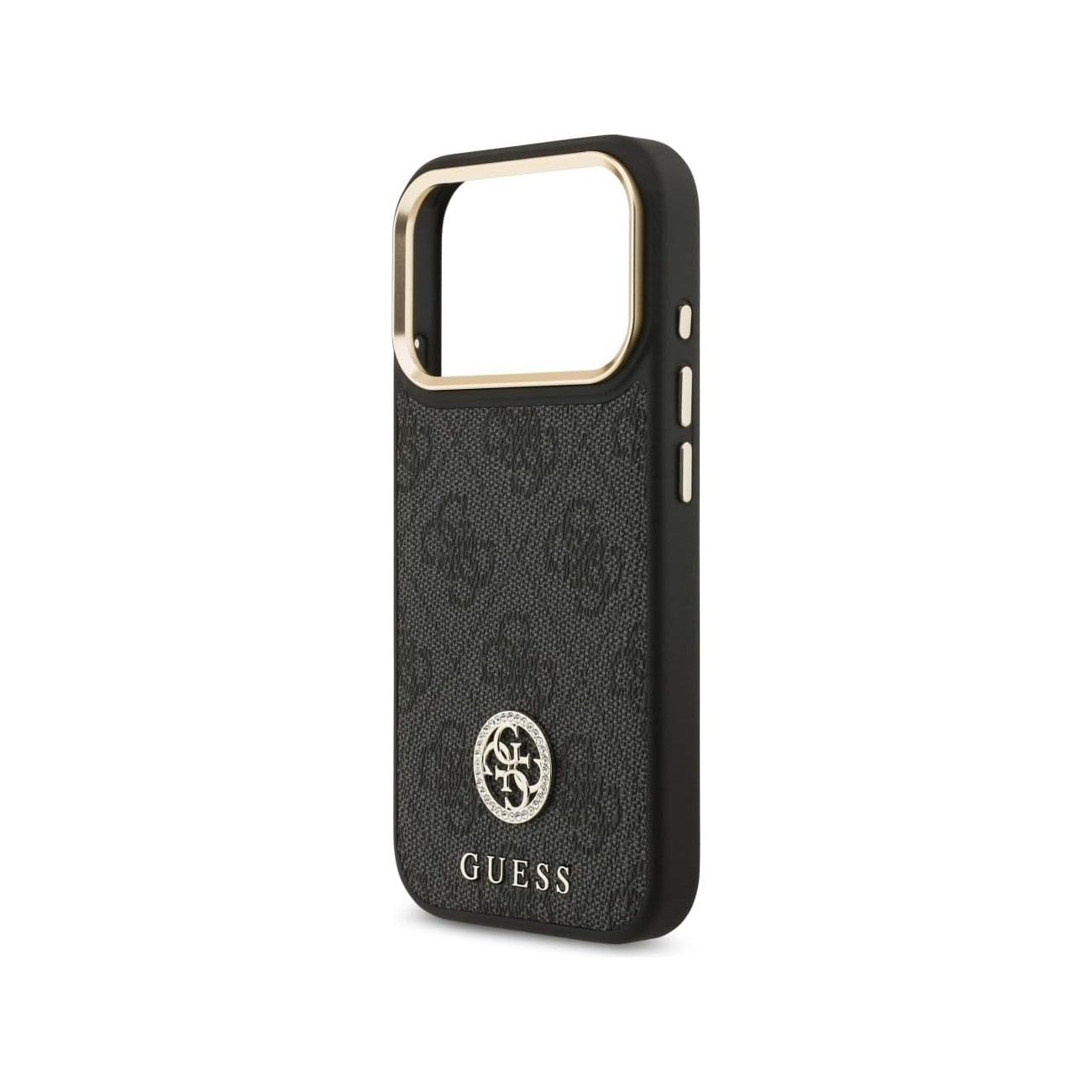 Funda negra para teléfono con logo GUESS y borde dorado.