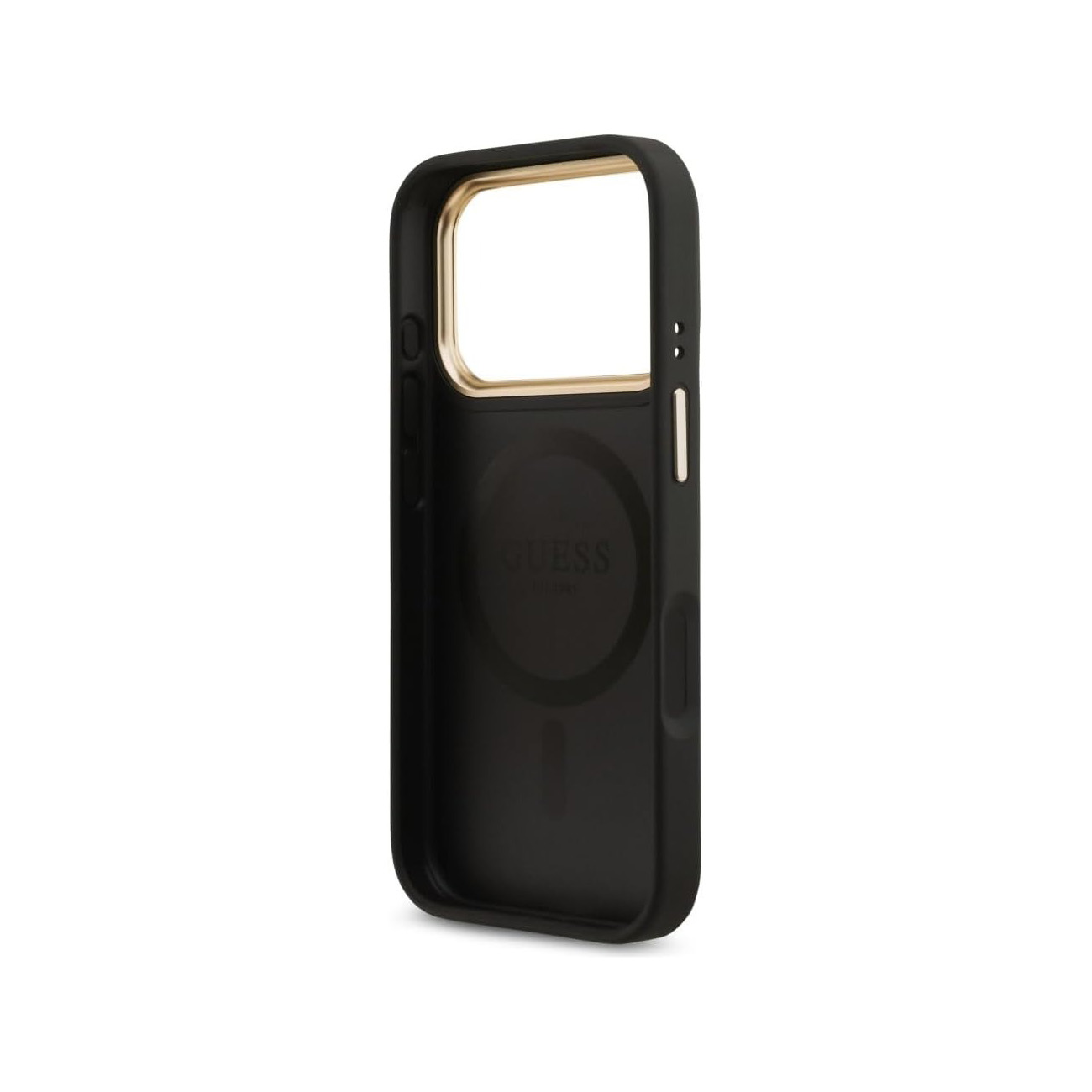 Funda negra para teléfono con borde dorado y logo GUESS.