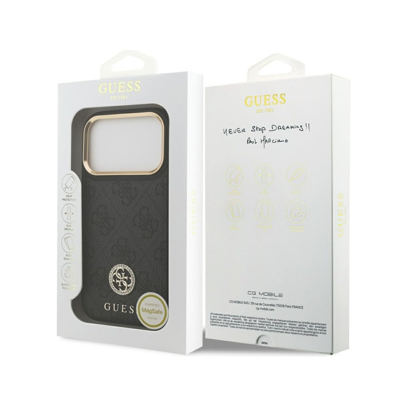 Funda Guess en embalaje negro con logo MagSafe y firma de Paul Marciano.