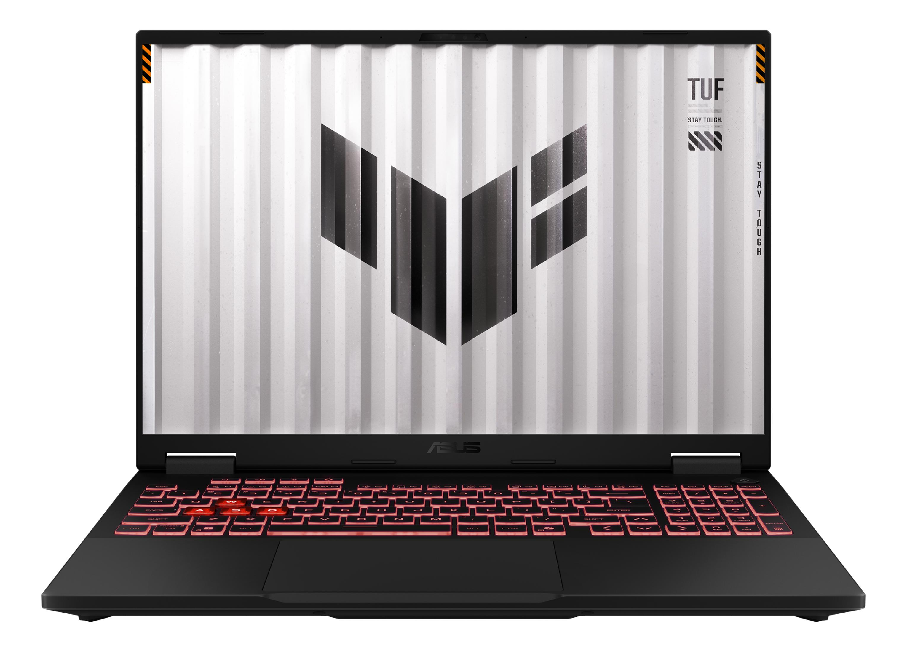 Ein schwarzer Laptop mit beleuchteter Tastatur und TUF-Logo auf dem Bildschirm.
