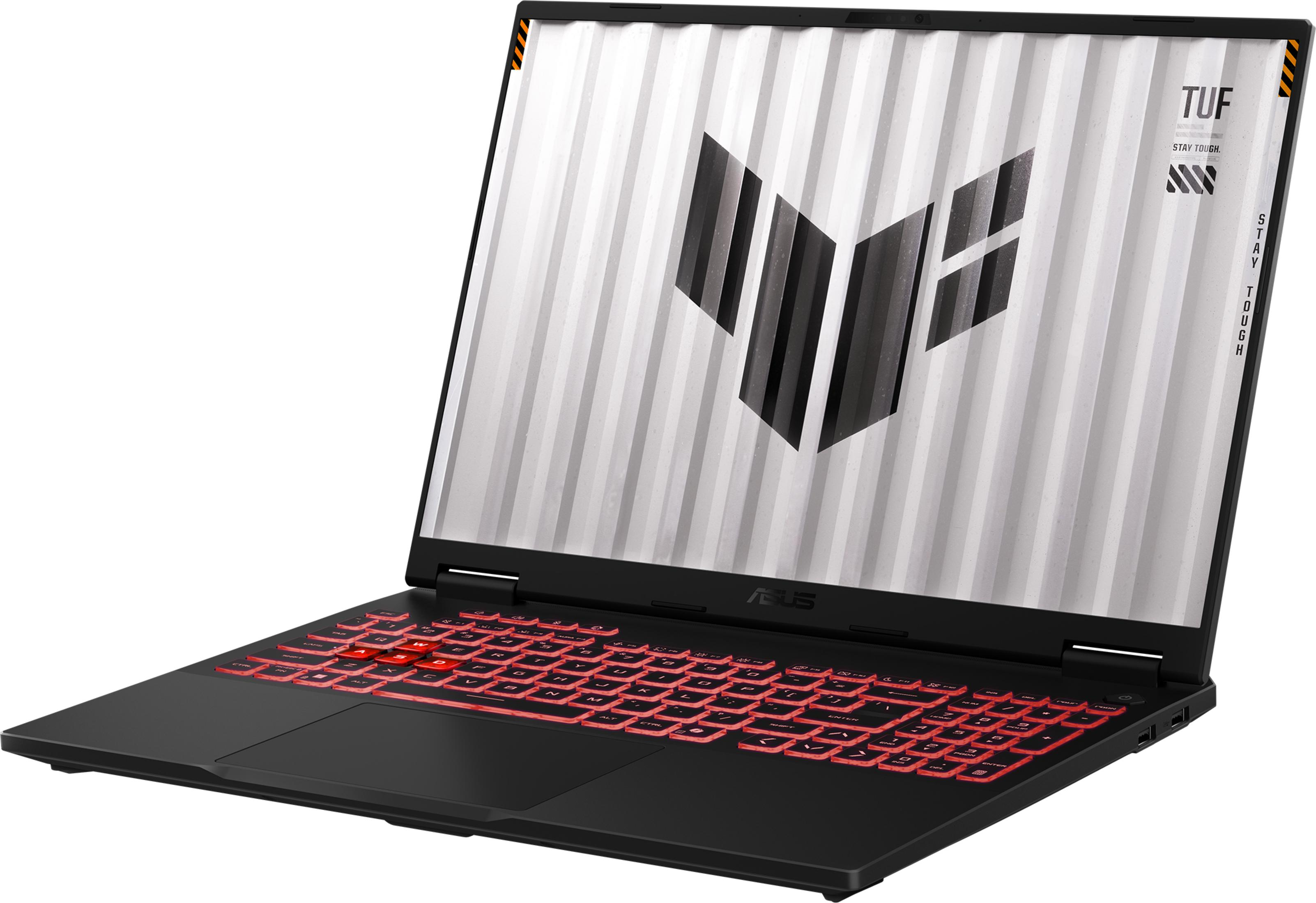 Schwarzer Laptop mit roter Tastaturbeleuchtung und TUF-Logo auf dem Bildschirm.