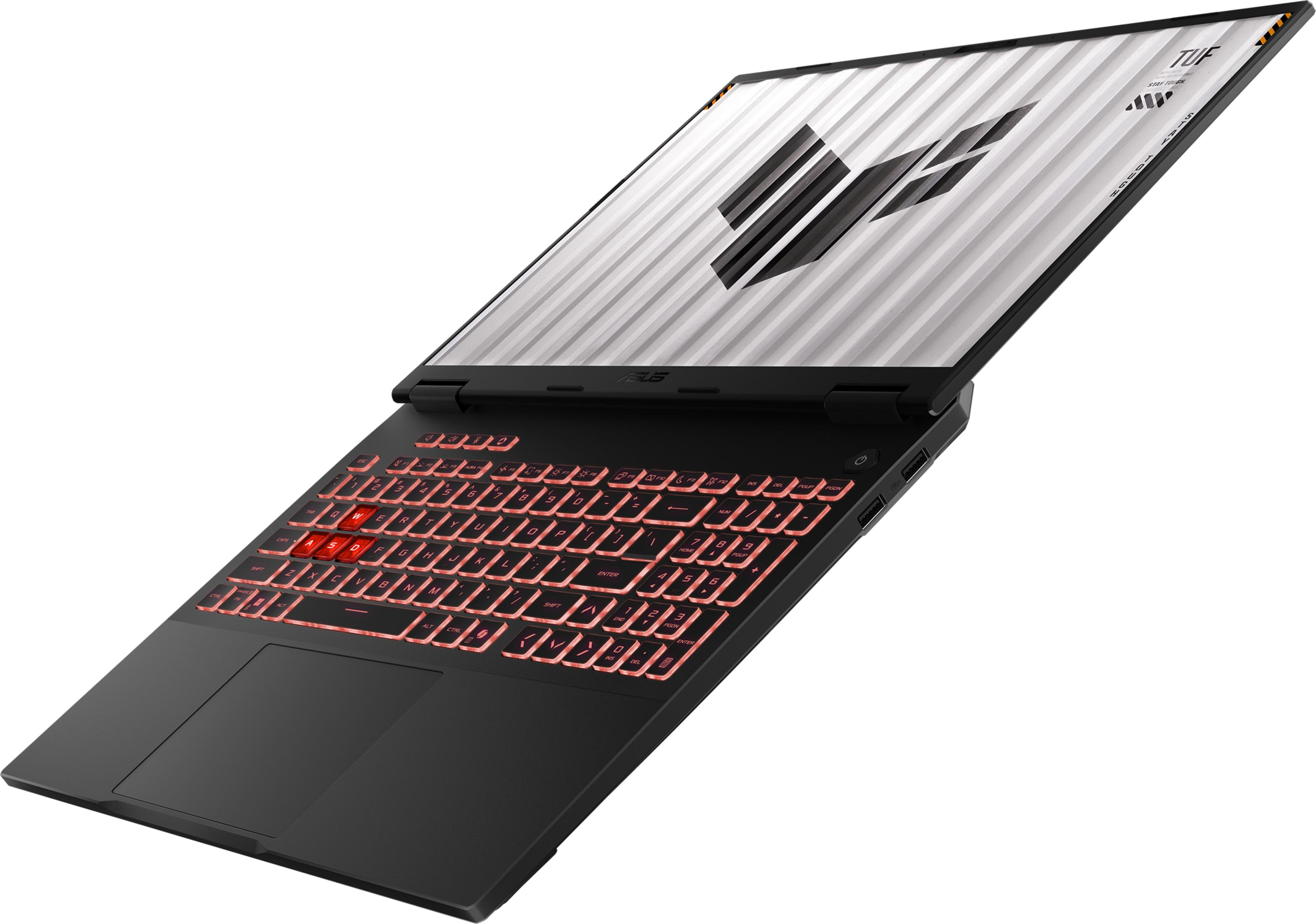 Ein schwarzer Laptop mit roter Tastaturbeleuchtung und einem Logo auf dem Bildschirm.