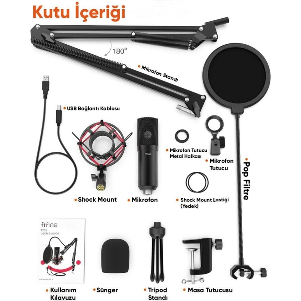 Mikrofon kiti: mikrofon, stant, pop filtre, tutucular, kablo ve kullanım kılavuzu.