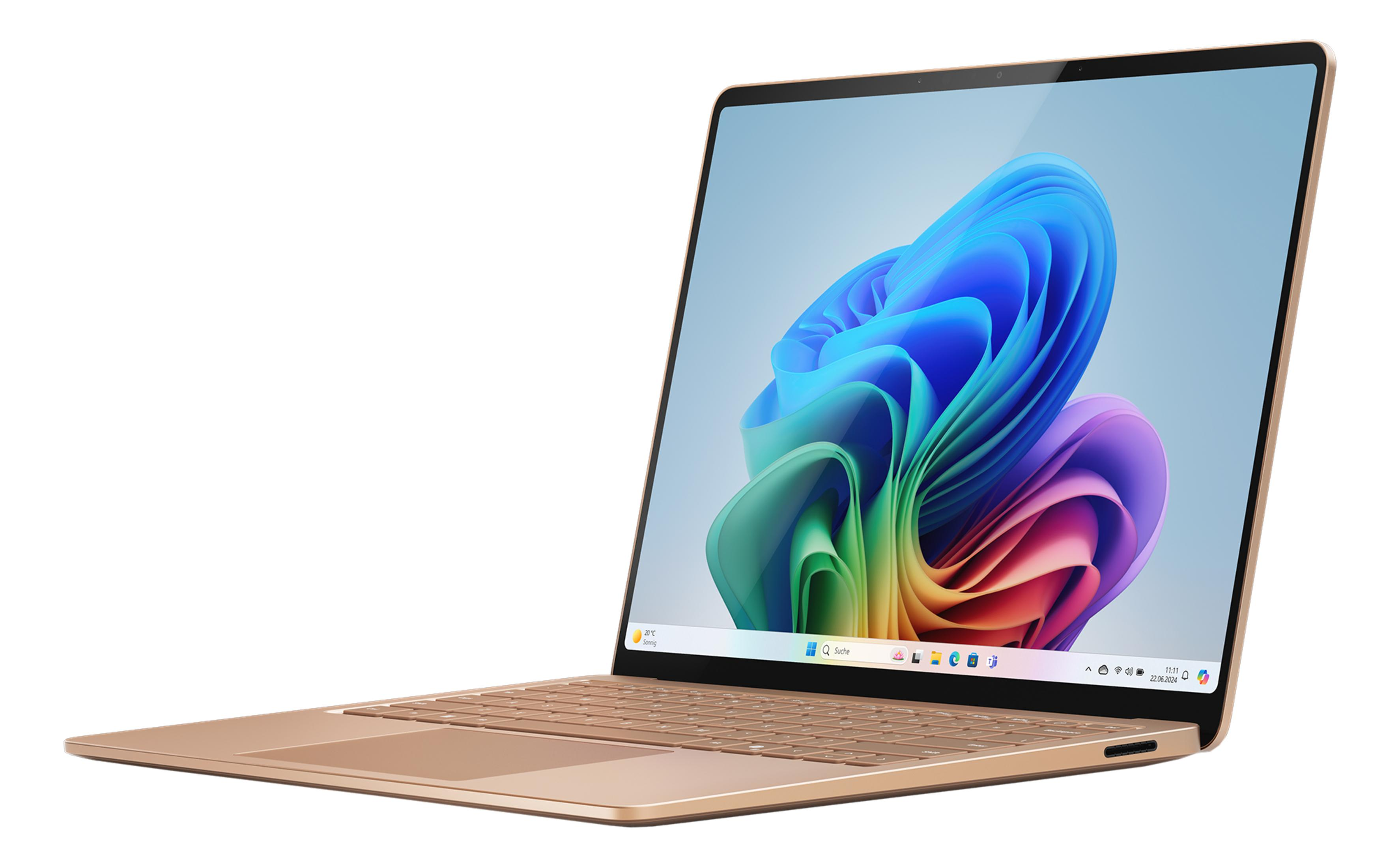 Ein goldener Laptop mit einem bunten Windows-Hintergrundbild, der auf weißem Hintergrund steht.