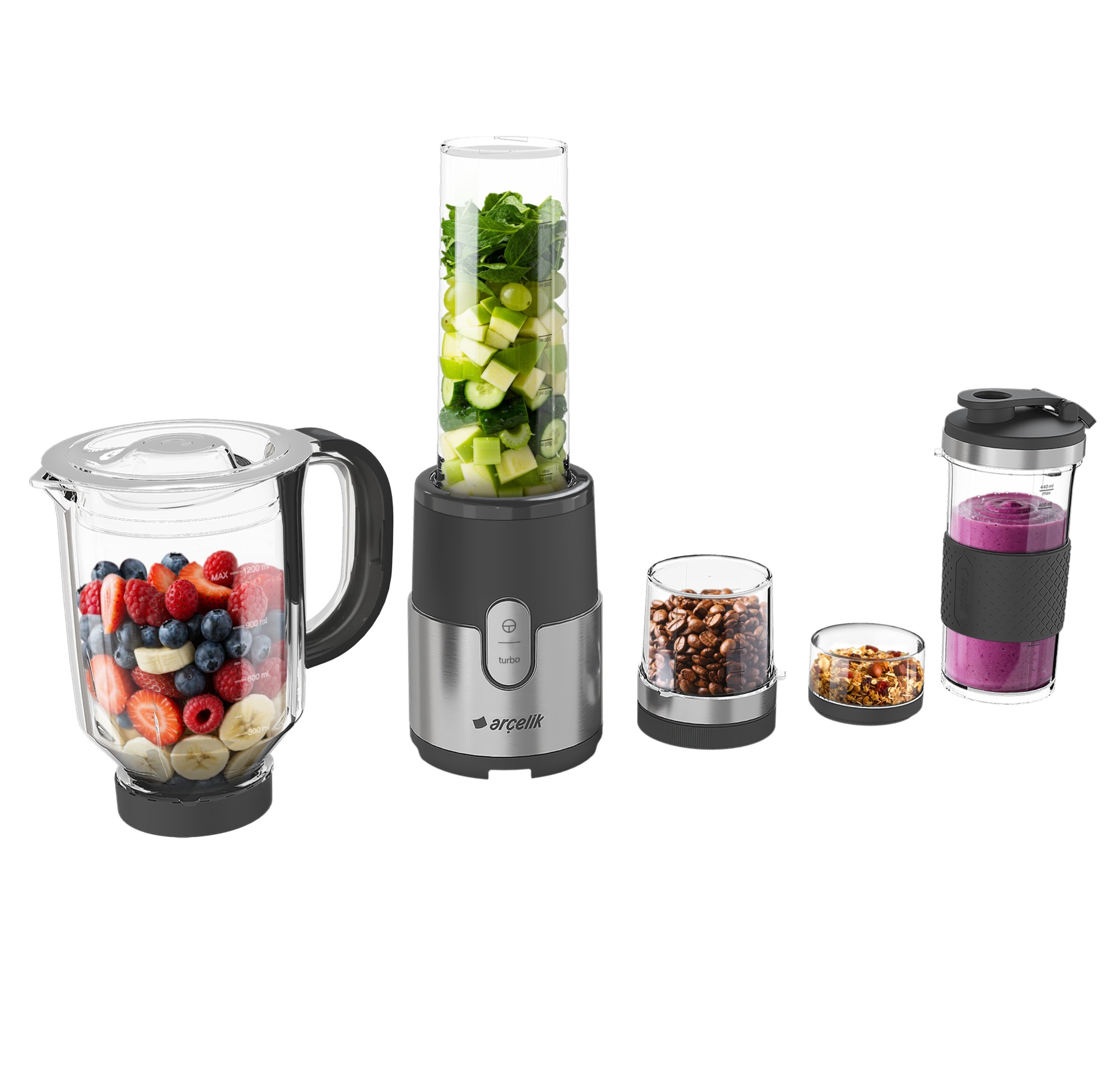 Böğürtlen, meyve, sebze, kahve çekirdeği ve granola içeren bir blender.