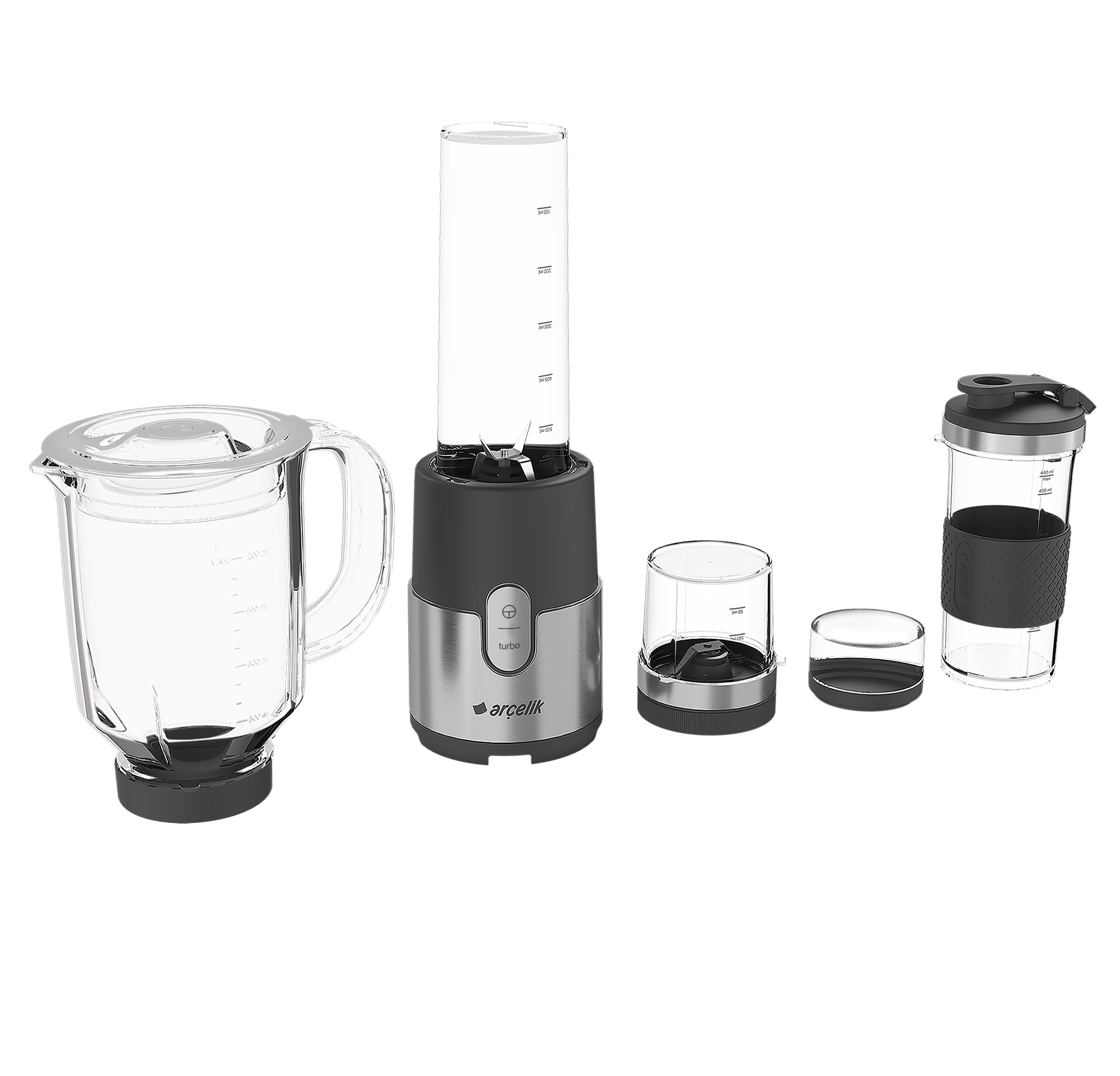 Sade arka plan üzerinde sürahi, bardak ve kapaklı blender seti.