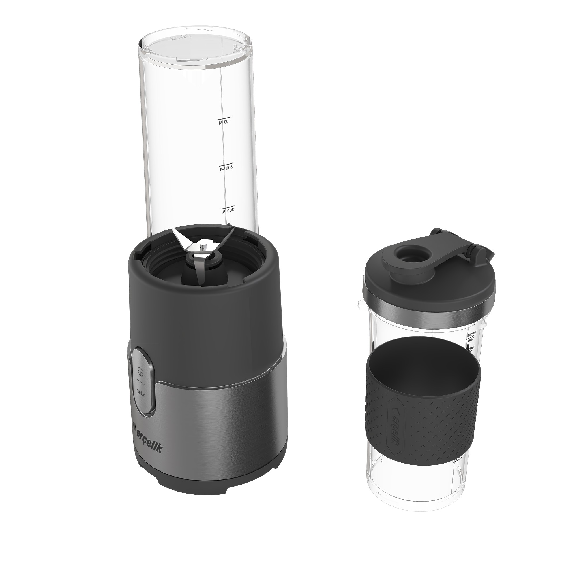 Bıçaklı bir, kapaklı diğer iki şeffaf kupaya sahip siyah blender.