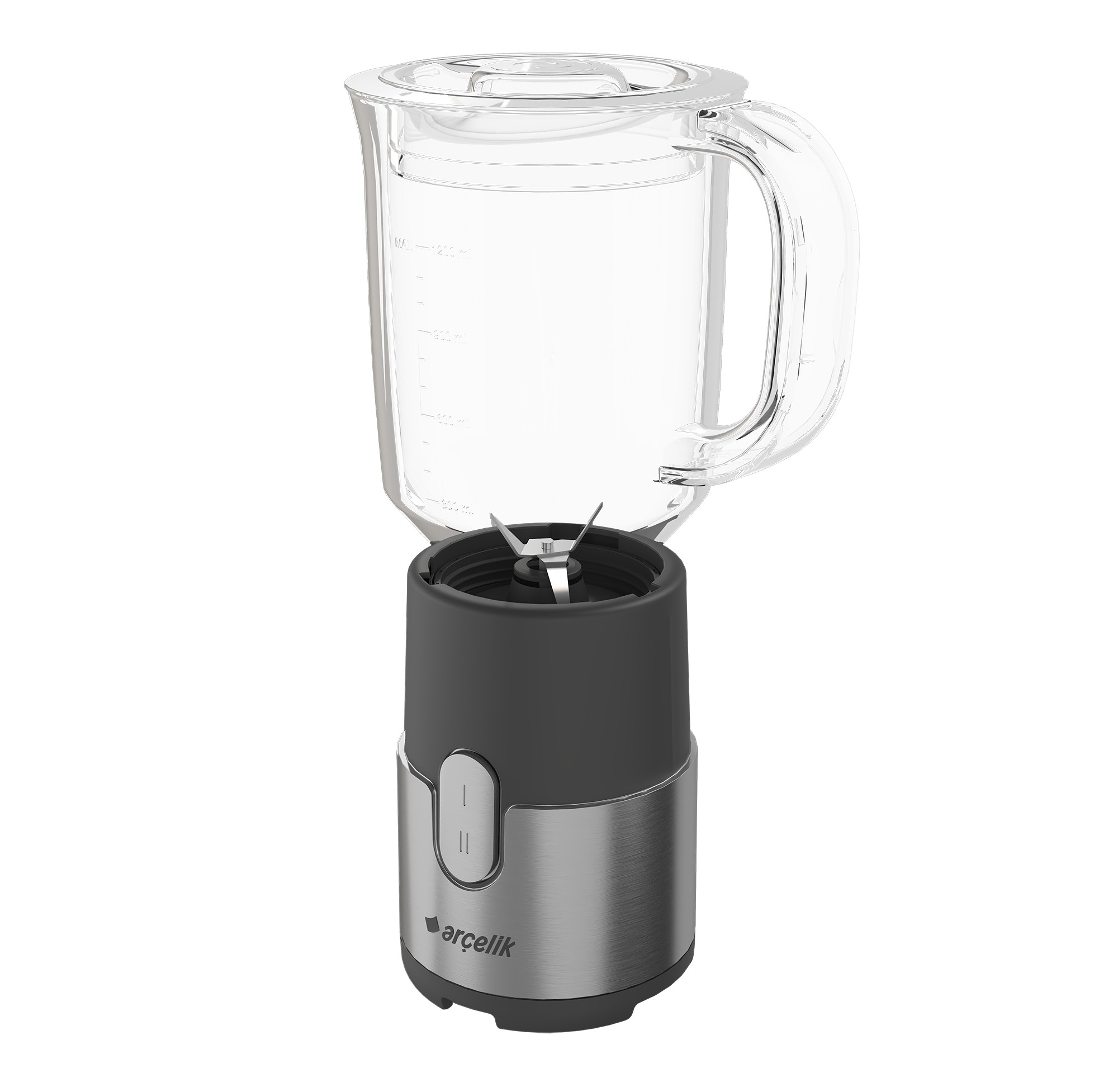 Saplı ve ölçü işaretli şeffaf blender sürahisi, gümüş önlü gri tabanın üzerinde duruyor.