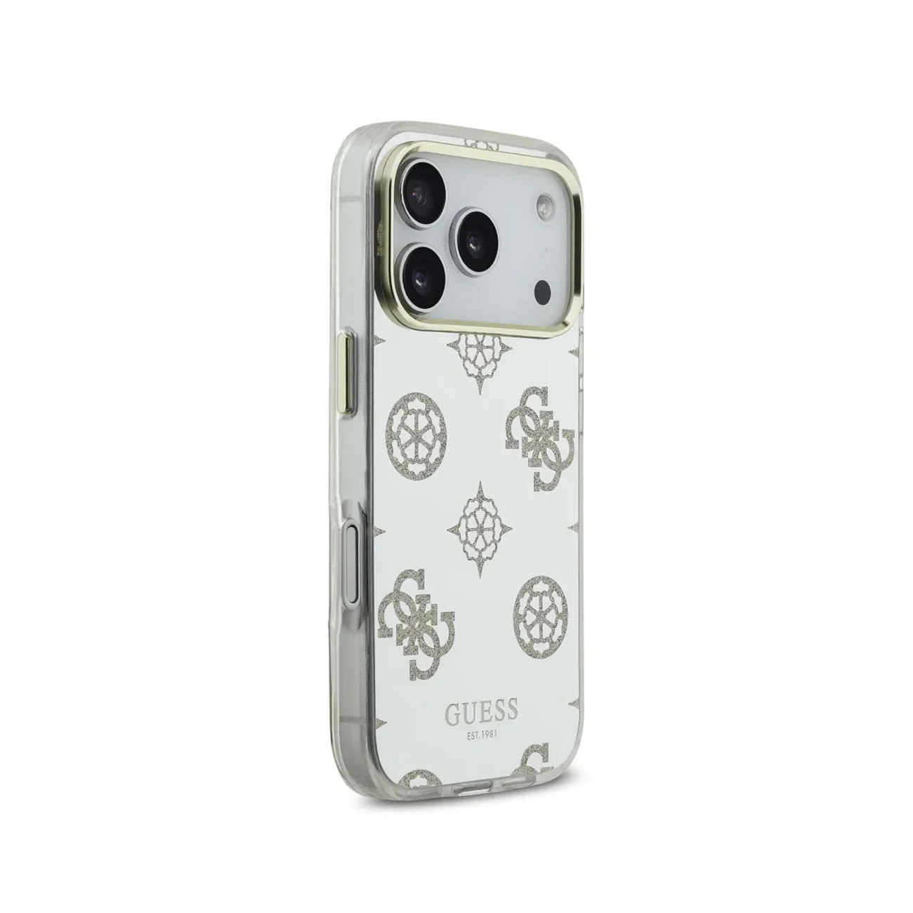 Funda transparente con estampado de logo Guess y recorte de cámara.