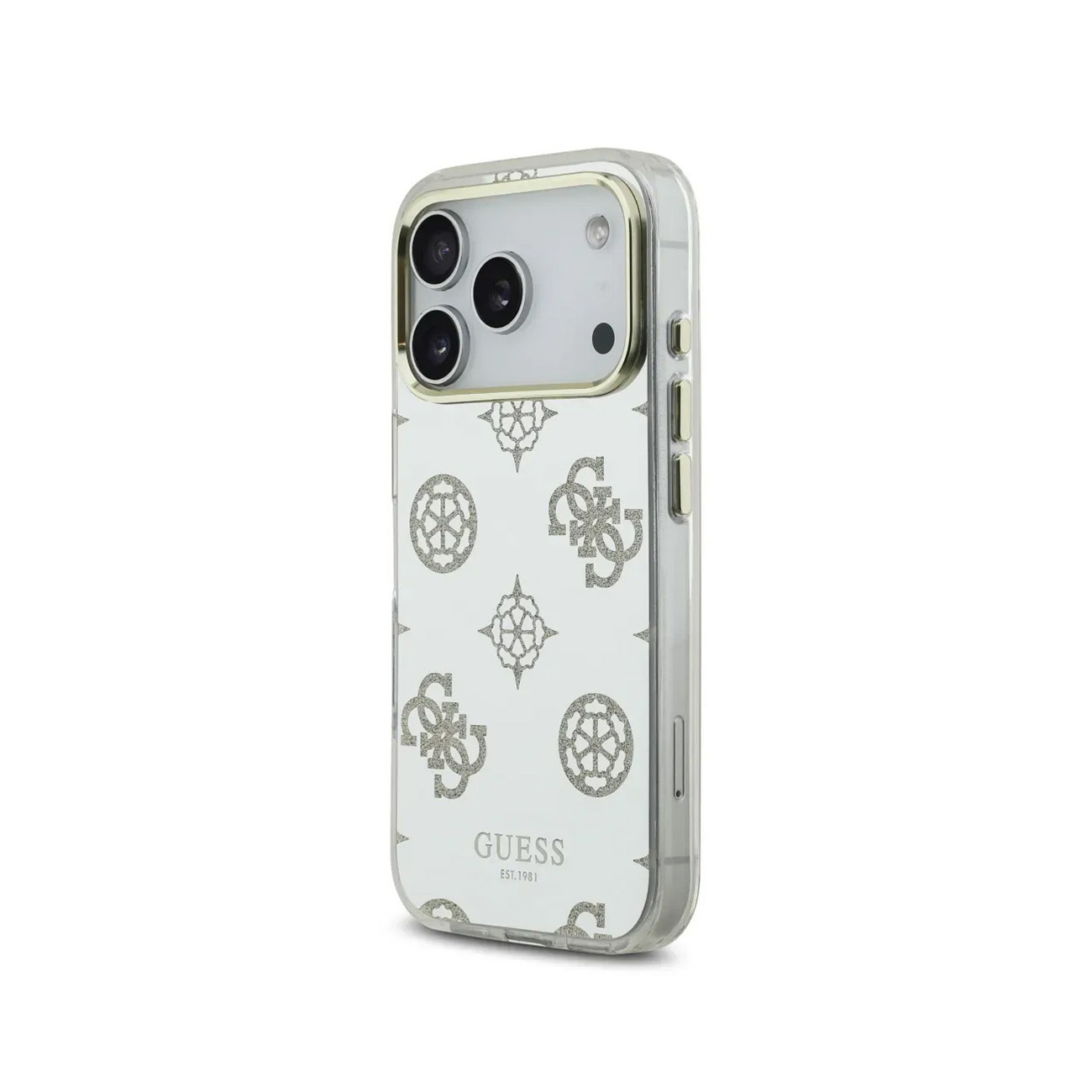 Funda de teléfono transparente con logo GUESS y patrones de purpurina.