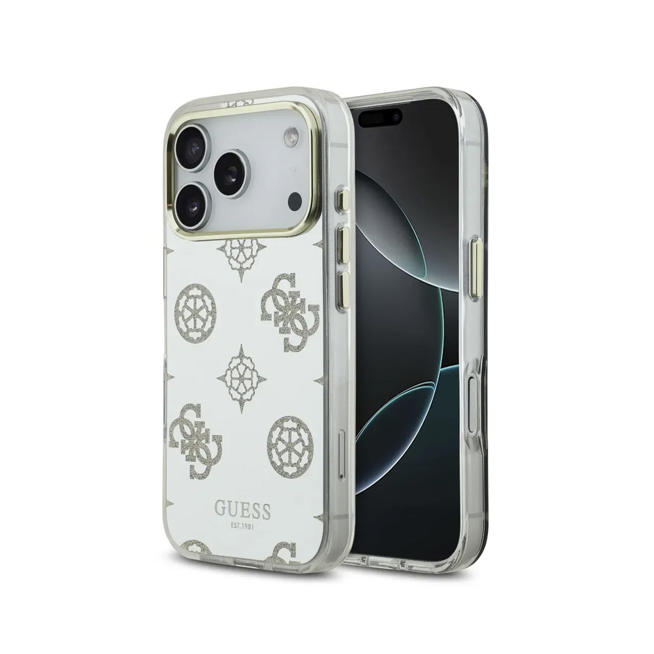 Una funda blanca para teléfono con logo Guess, sobre un teléfono.