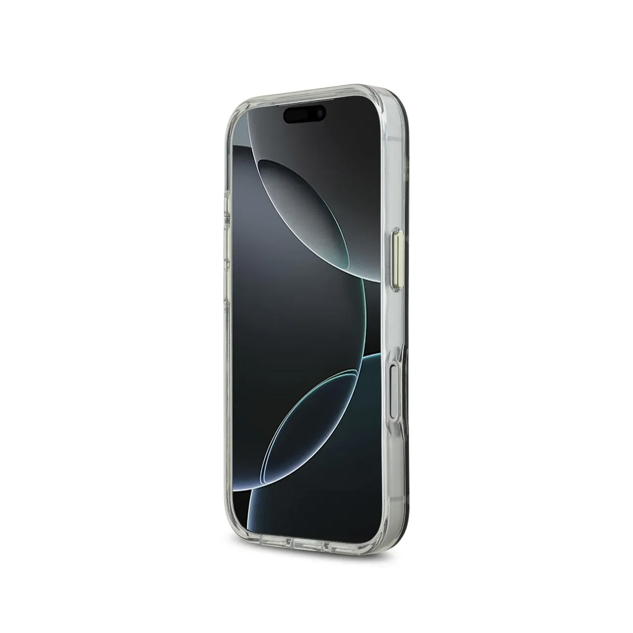 Se muestra una funda de teléfono transparente con pantalla oscura.