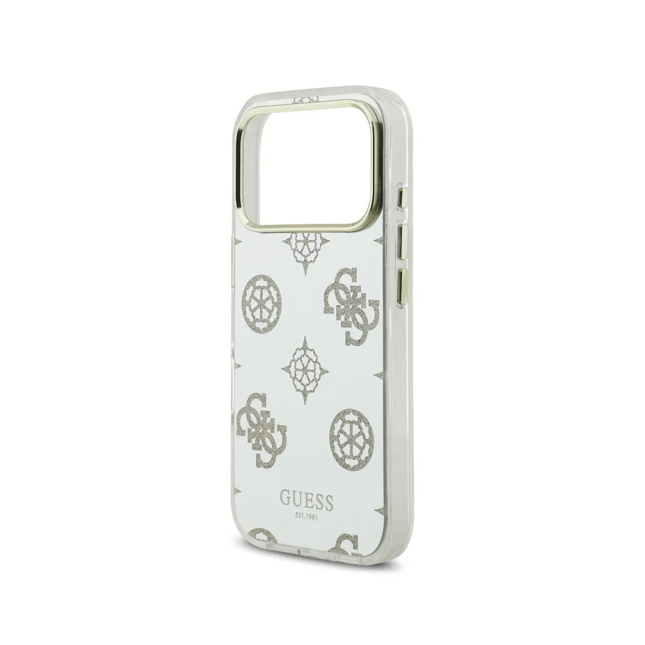 Funda de teléfono transparente con logo Guess y estampado de purpurina.
