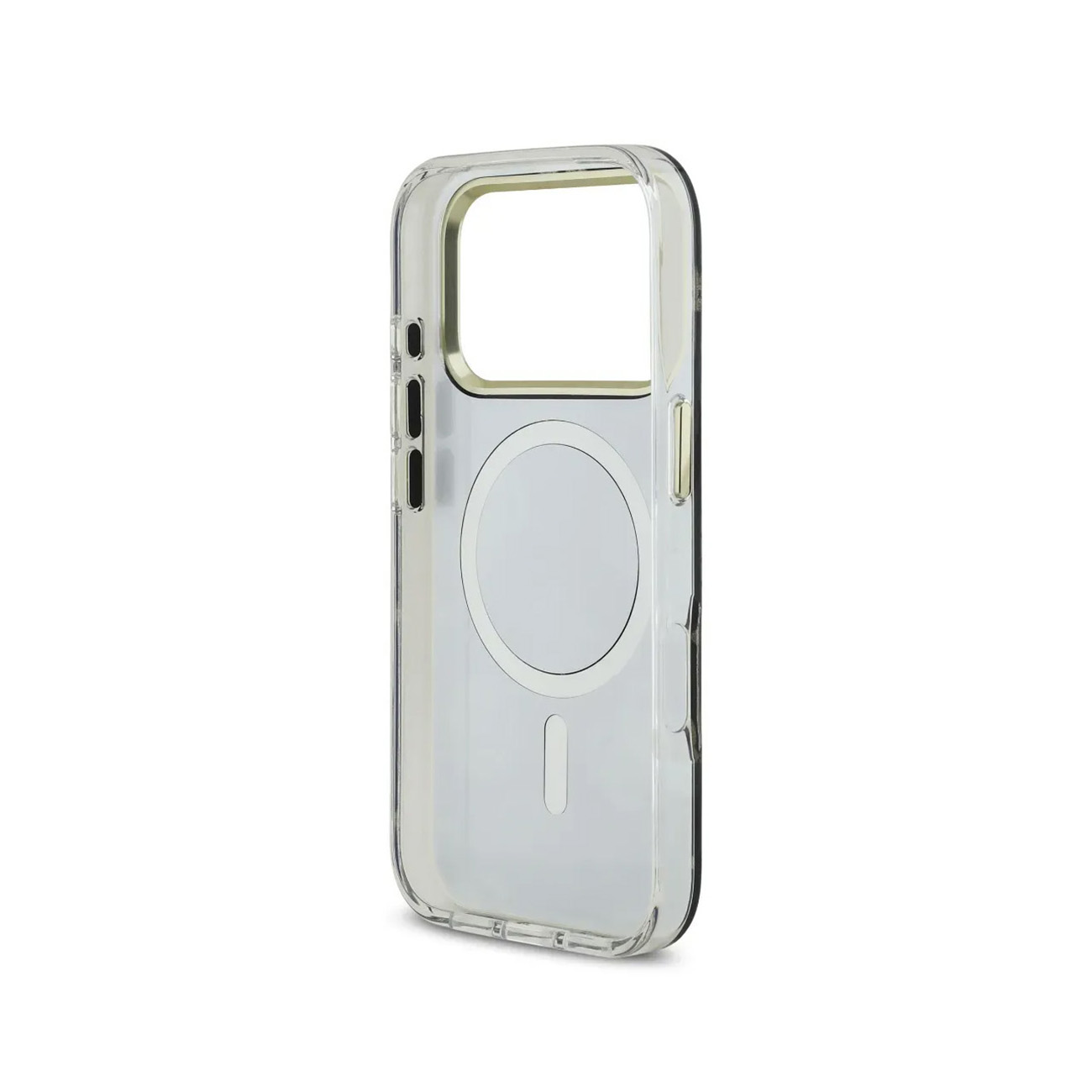 Funda transparente para teléfono con círculo MagSafe y puerto de carga.