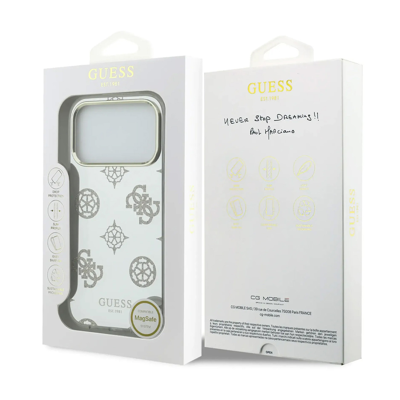 Funda Guess para iPhone con logo brillante y compatibilidad MagSafe en embalaje blanco.