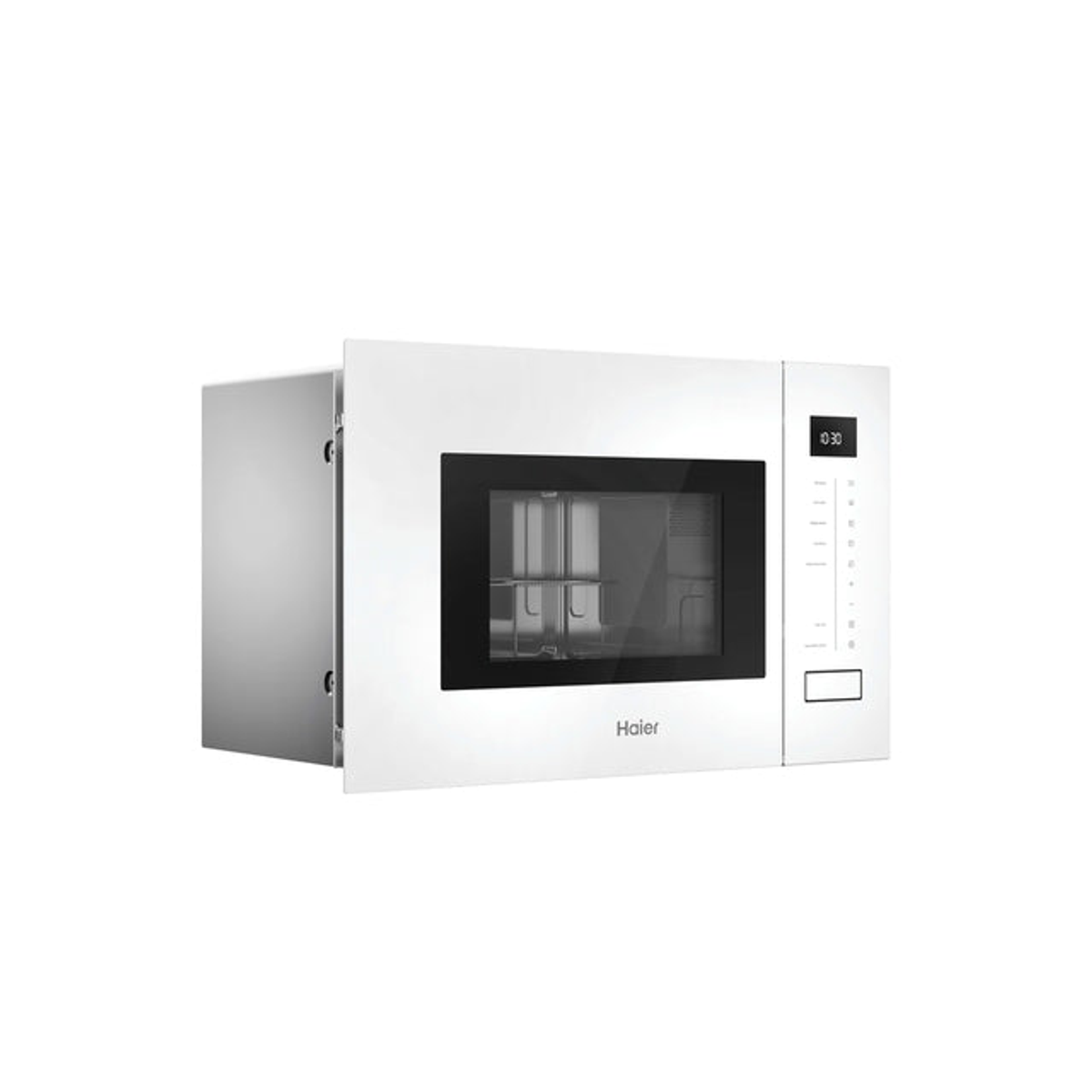 Un microondas empotrable blanco con puerta negra y pantalla digital.