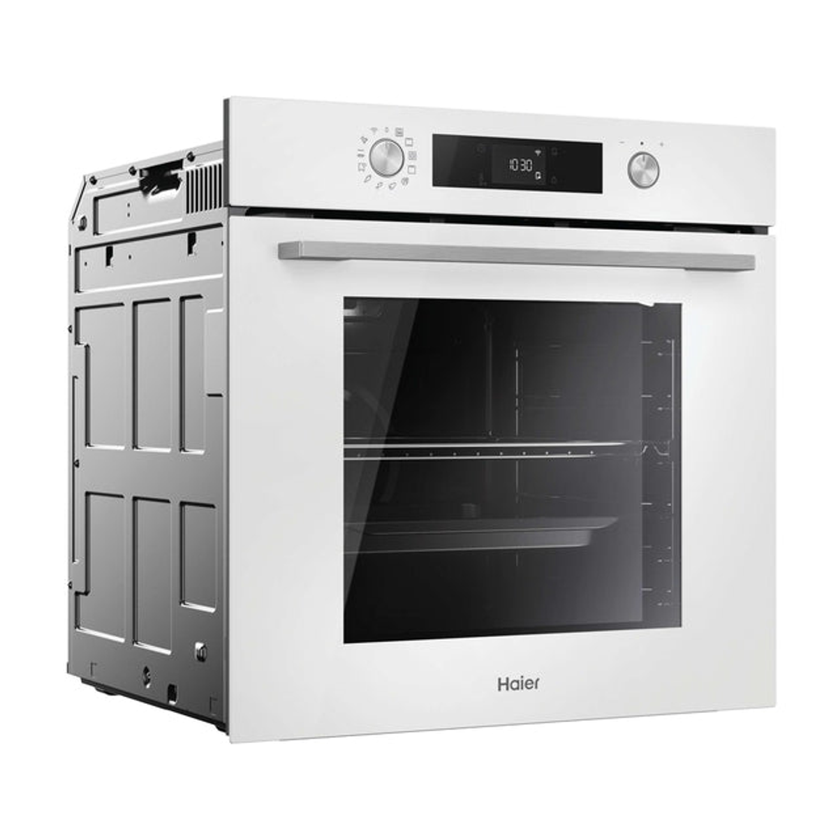 Horno empotrable blanco Haier con puerta de cristal, pantalla digital y mandos.