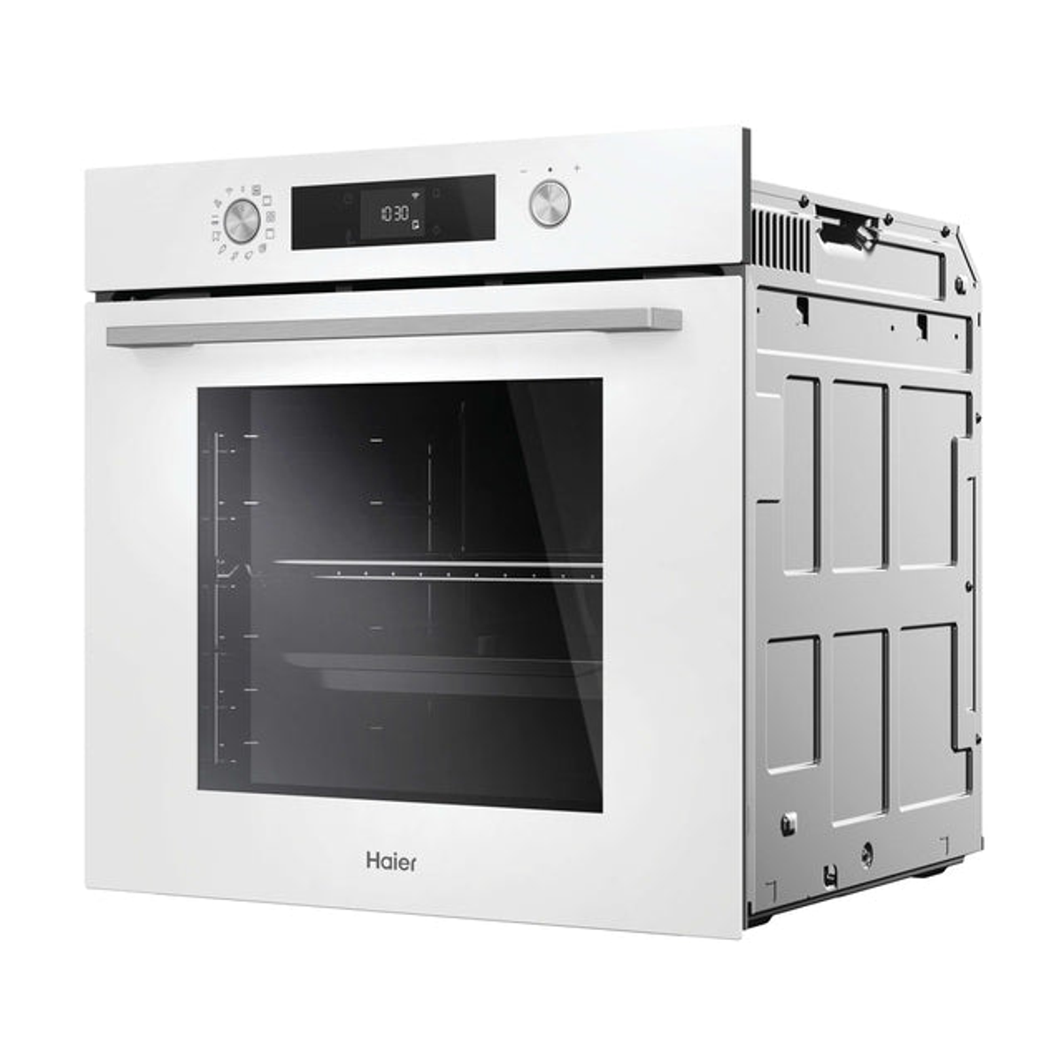 Un horno empotrable Haier blanco con pantalla digital y asa plateada.