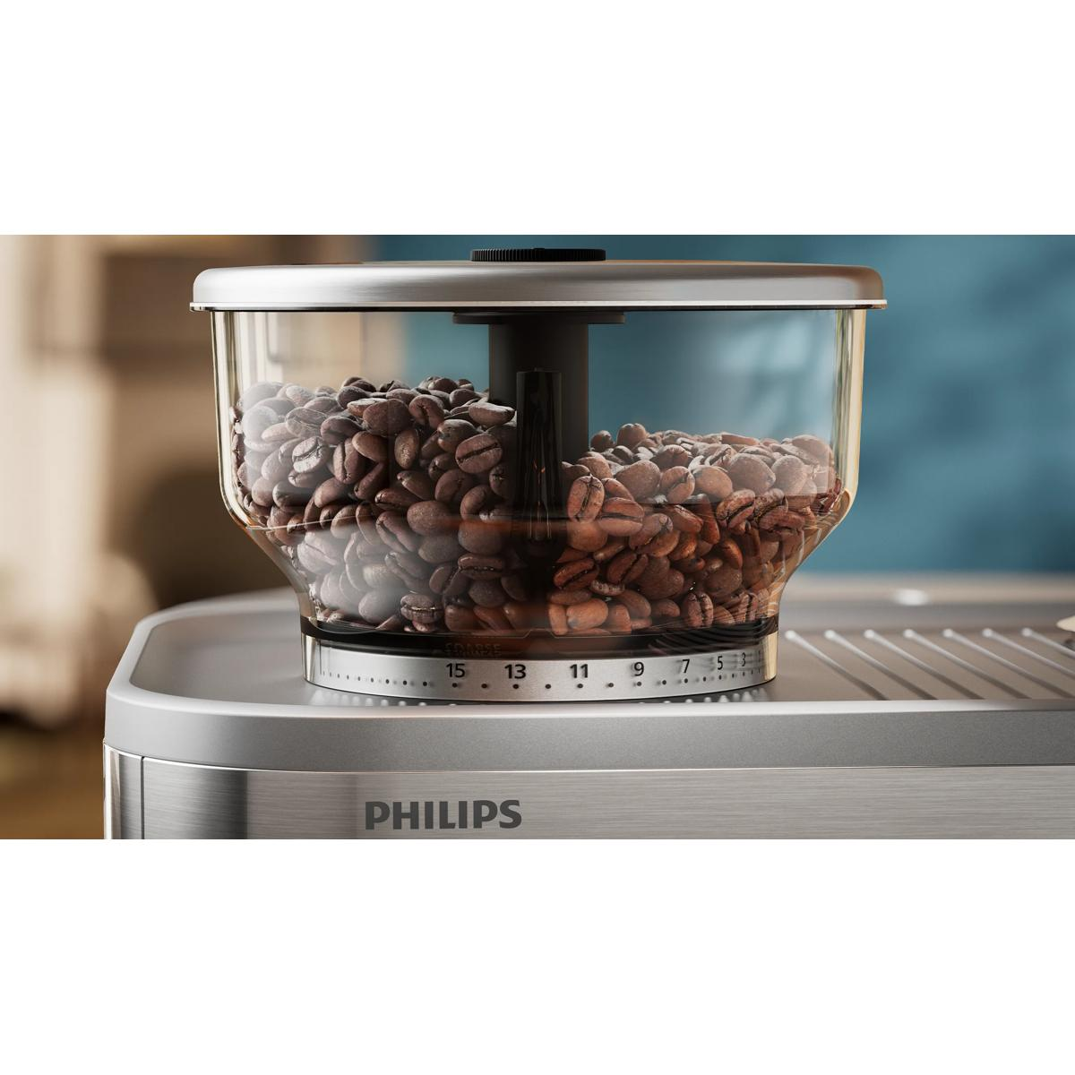 Eine Philips-Kaffeemühle mit vollem Bohnenbehälter und nummerierter Einstellung.