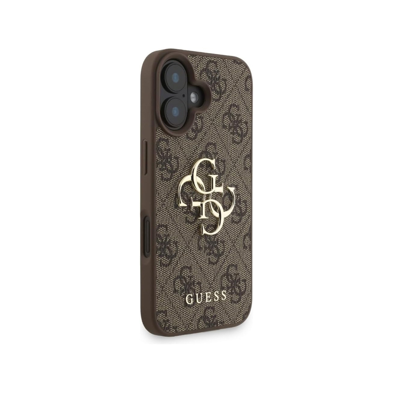 Una funda de teléfono marrón con logo y estampado Guess.