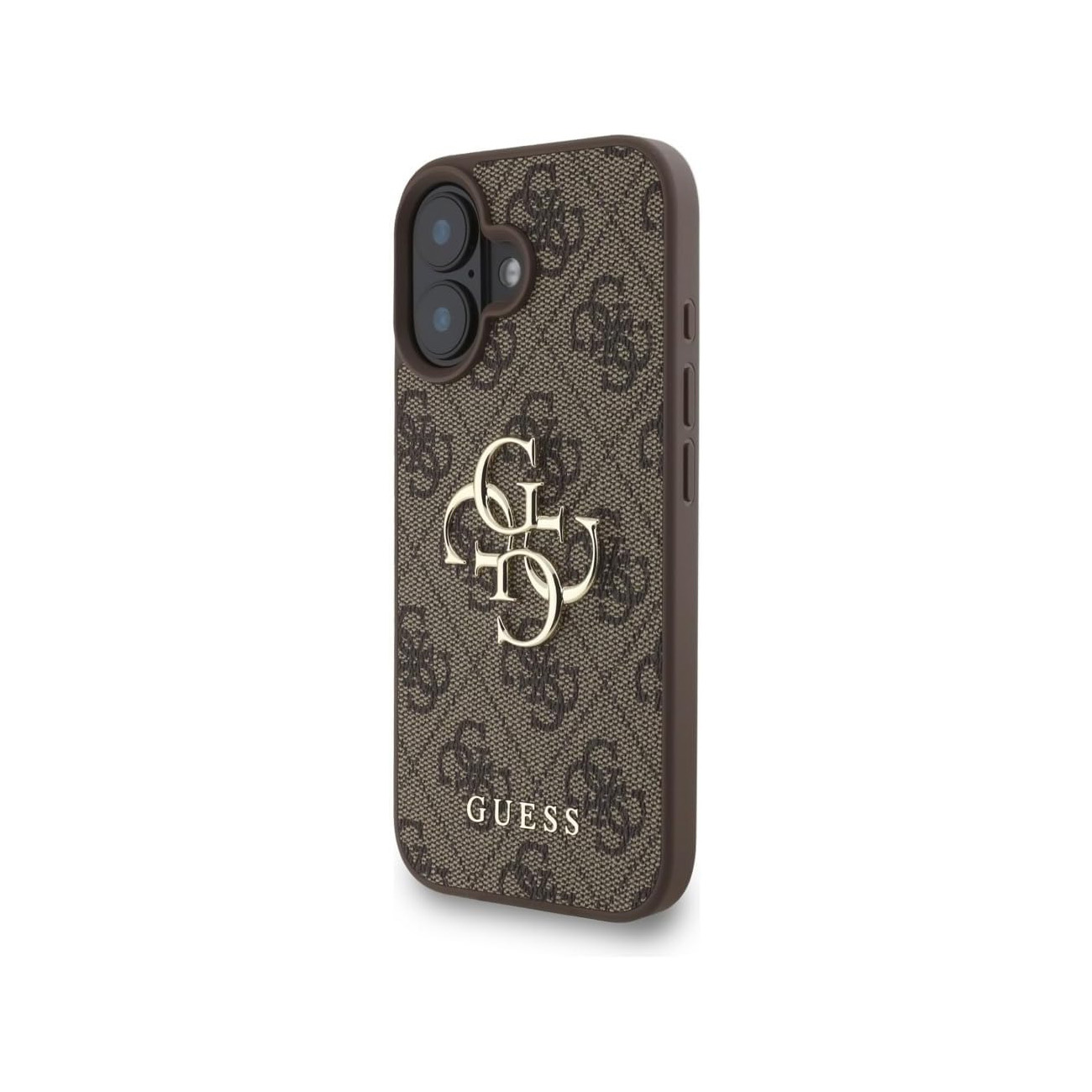 Funda de teléfono marrón con logo GUESS y estampado monograma.