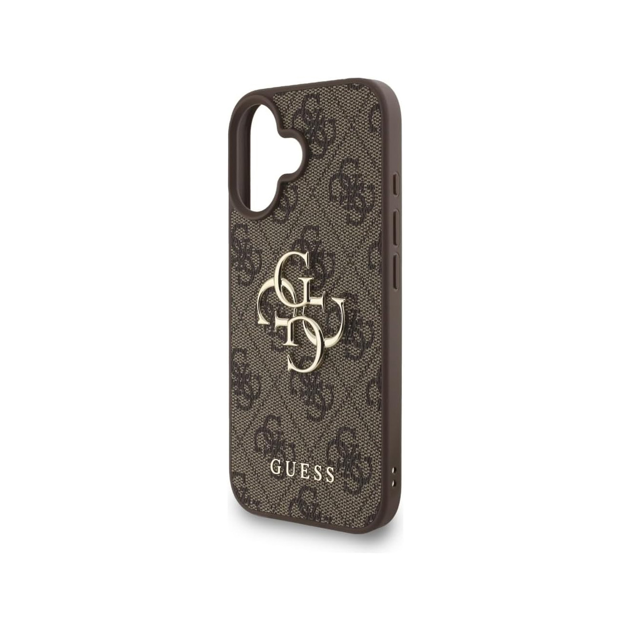 Funda Guess marrón con estampado de monograma y logo dorado.
