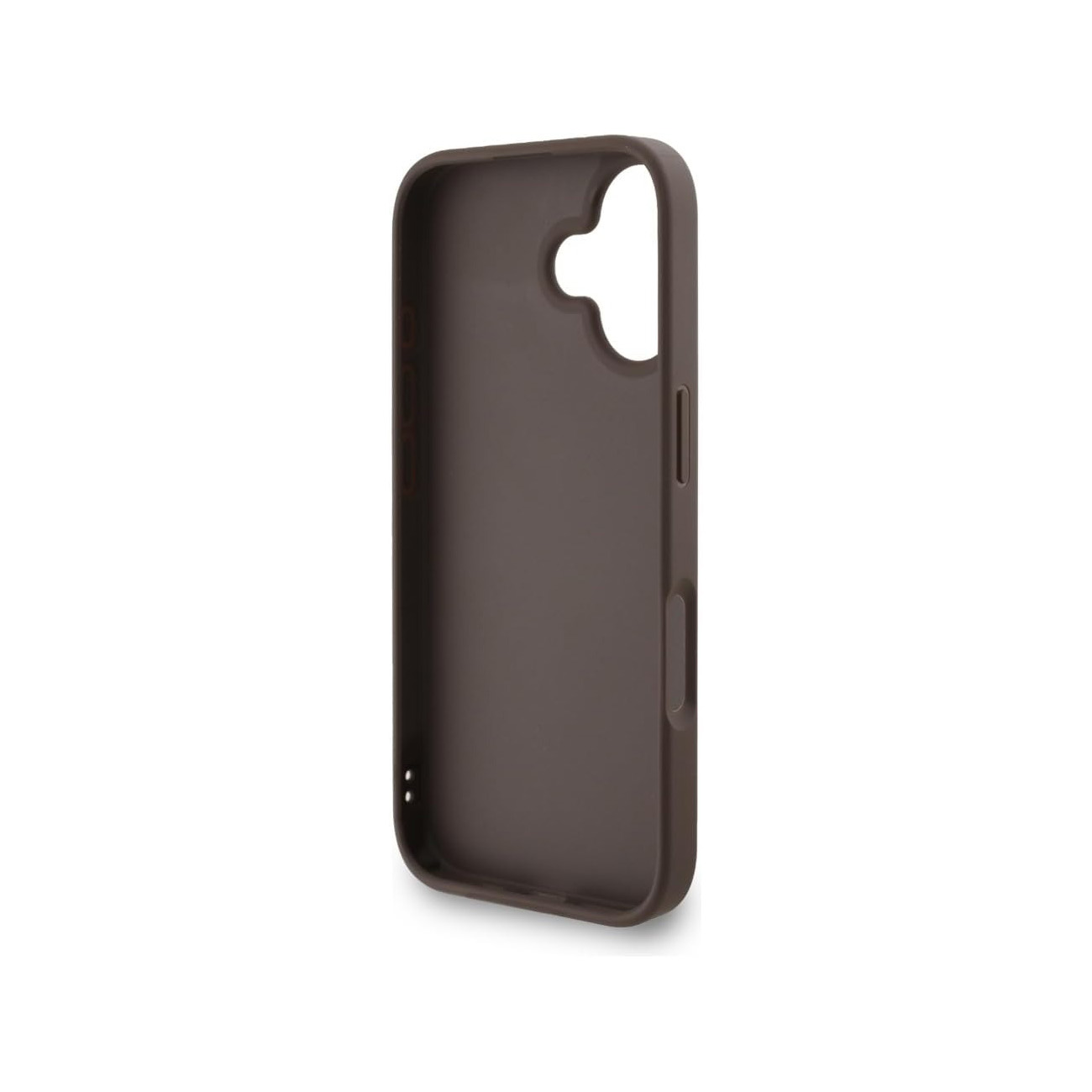 Funda de teléfono marrón oscuro con recortes para cámara y botones.