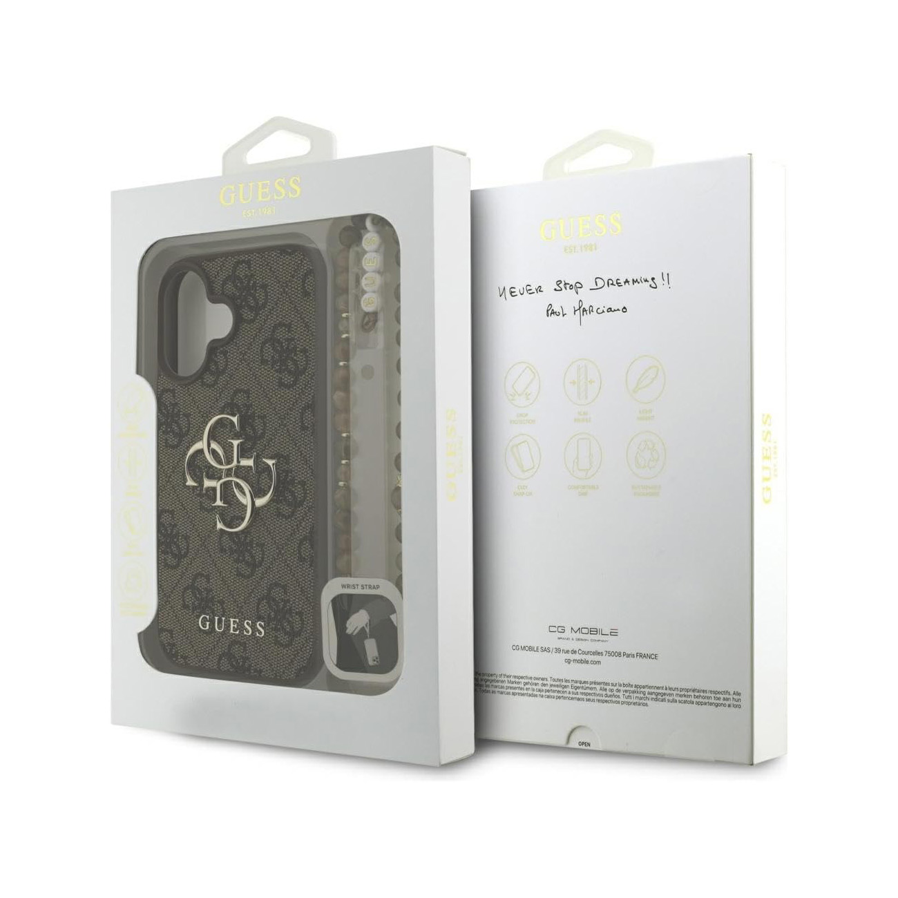 Funda Guess para iPhone con patrón de logo y pulsera de cuentas.