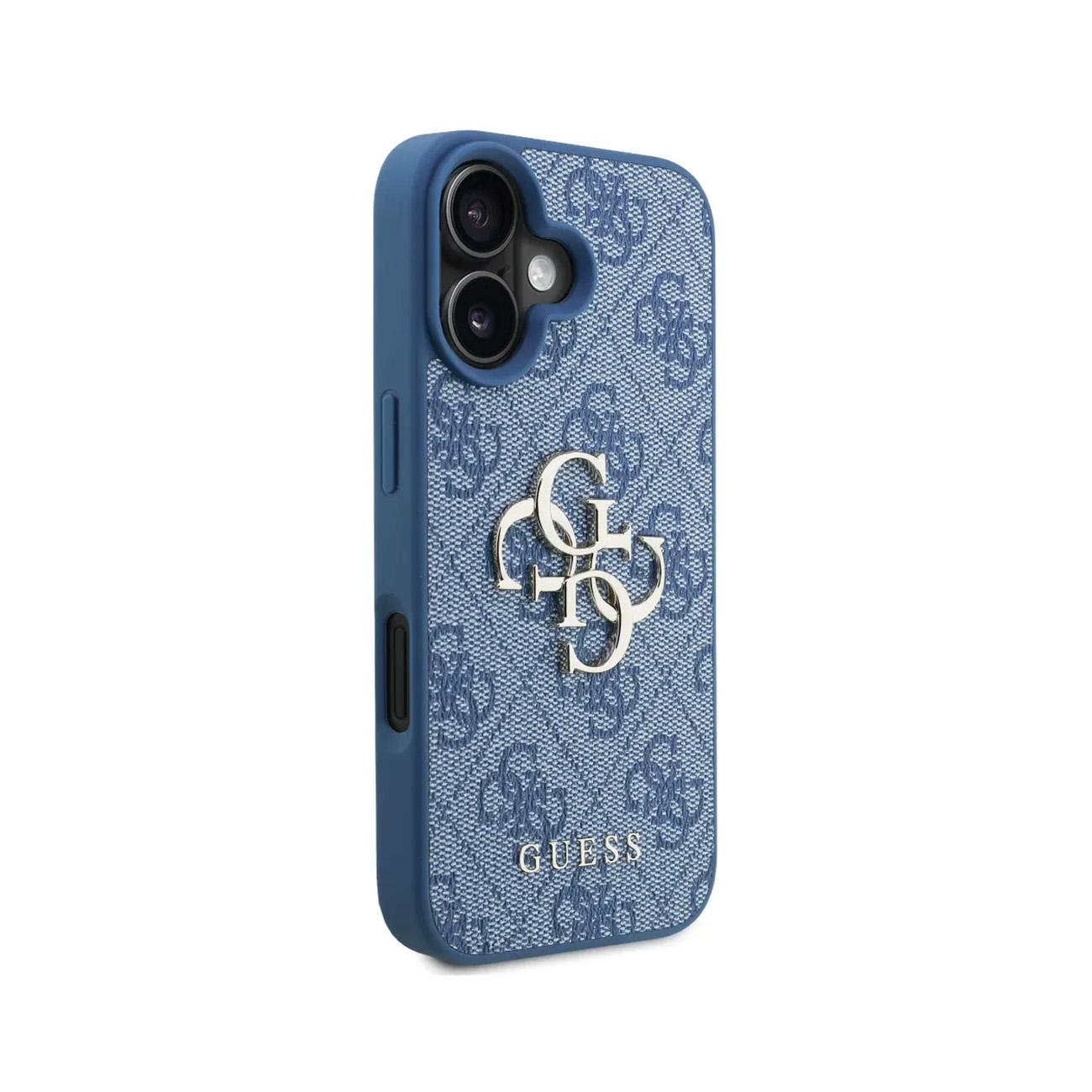 Funda azul para teléfono con patrón repetitivo del logo Guess y logo plateado.