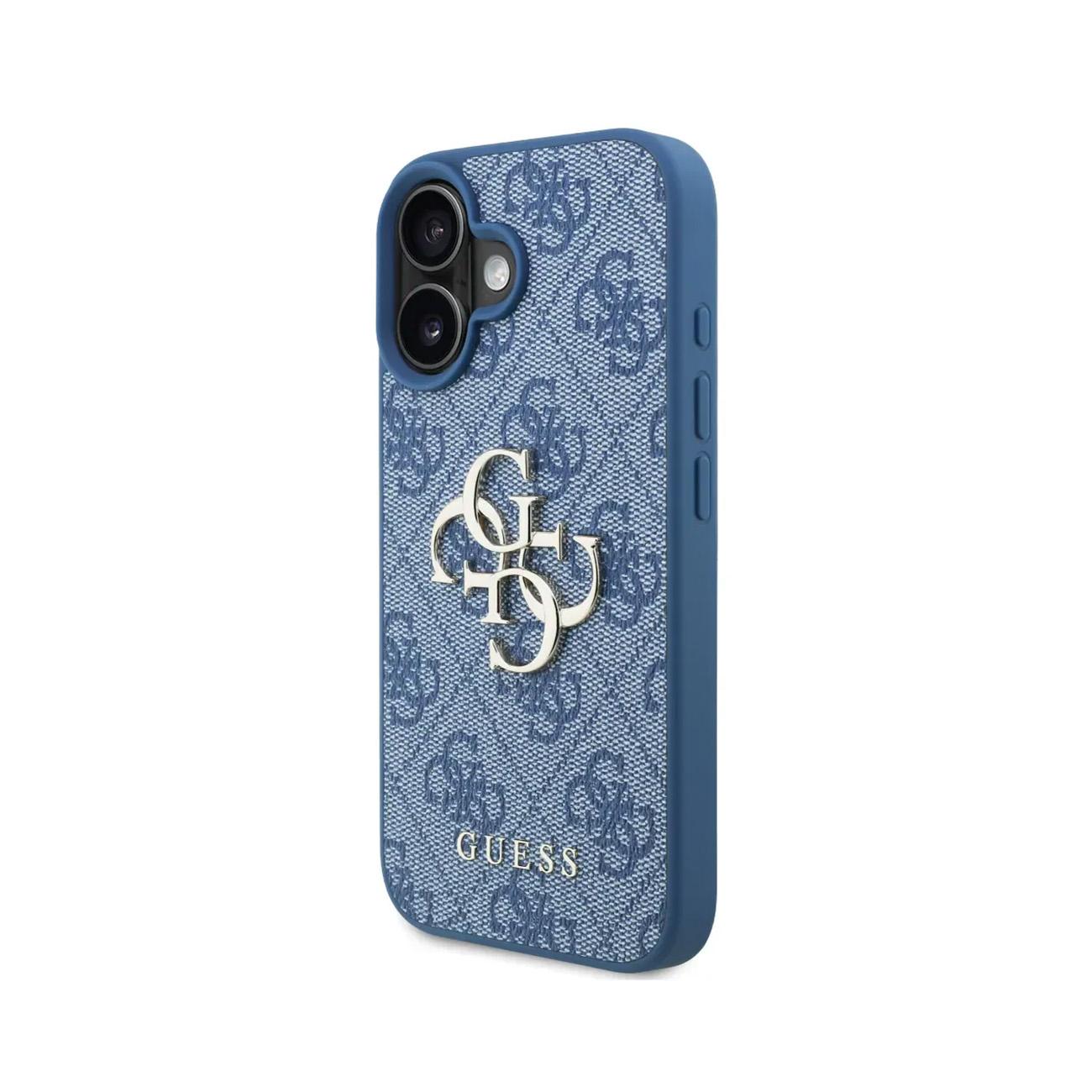 Una funda de teléfono azul con logo Guess y estampado sobre fondo blanco.