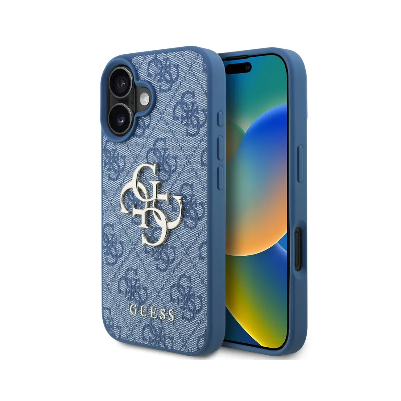 Funda de teléfono azul con logo de Guess y patrón de monograma en un iPhone.