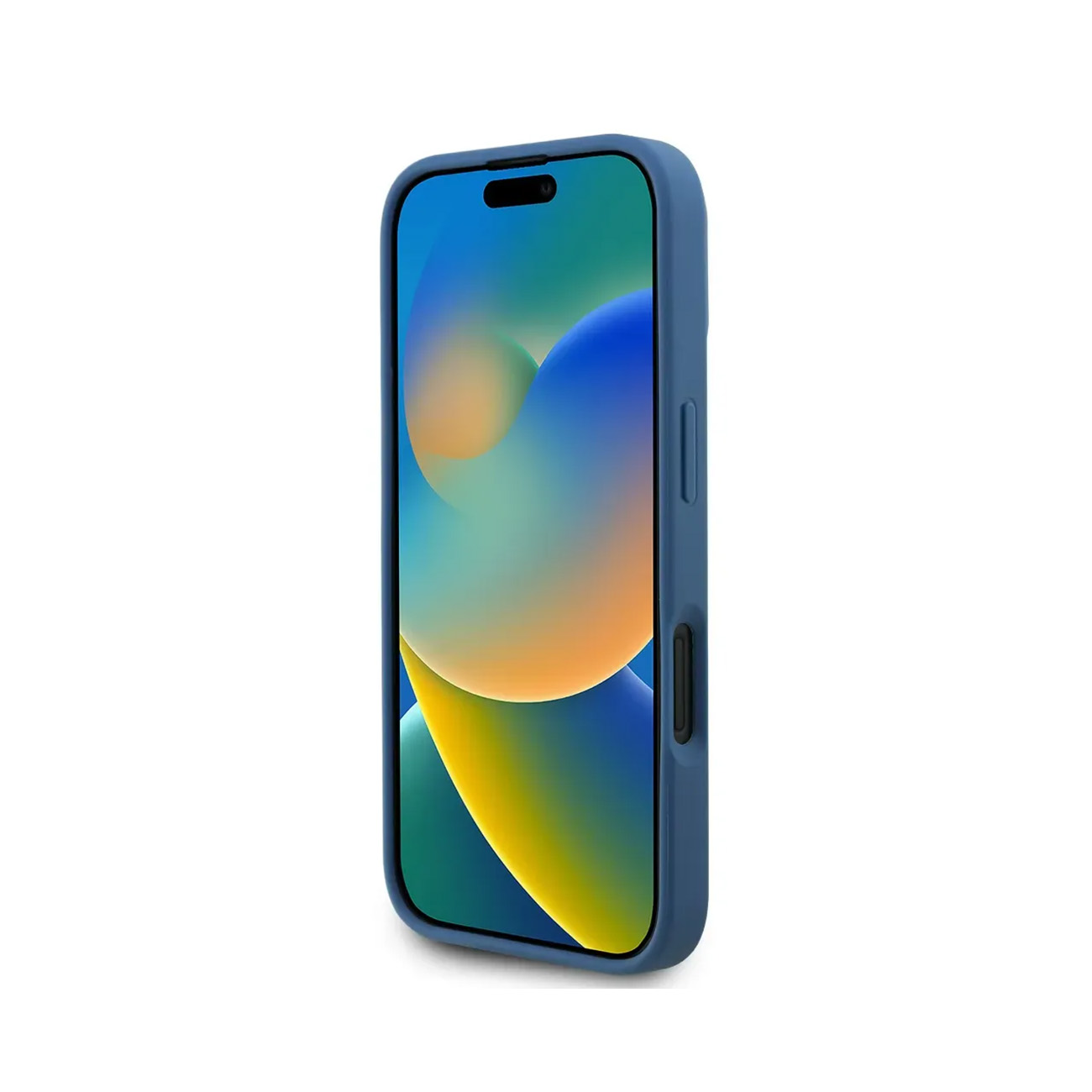 Un iPhone azul con carcasa azul, mostrando un fondo de pantalla colorido.