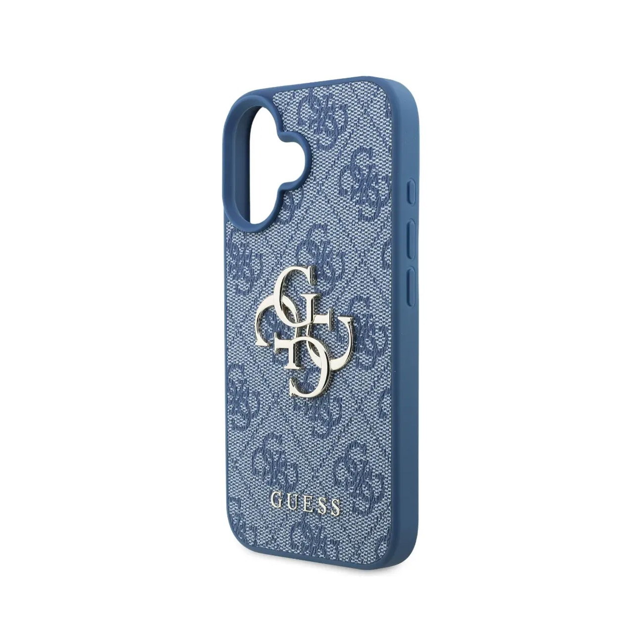 Funda de teléfono azul con logo GUESS y estampado de monograma.