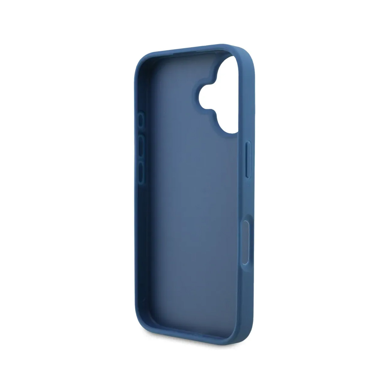 Una funda de teléfono azul con recortes para cámara y botones.